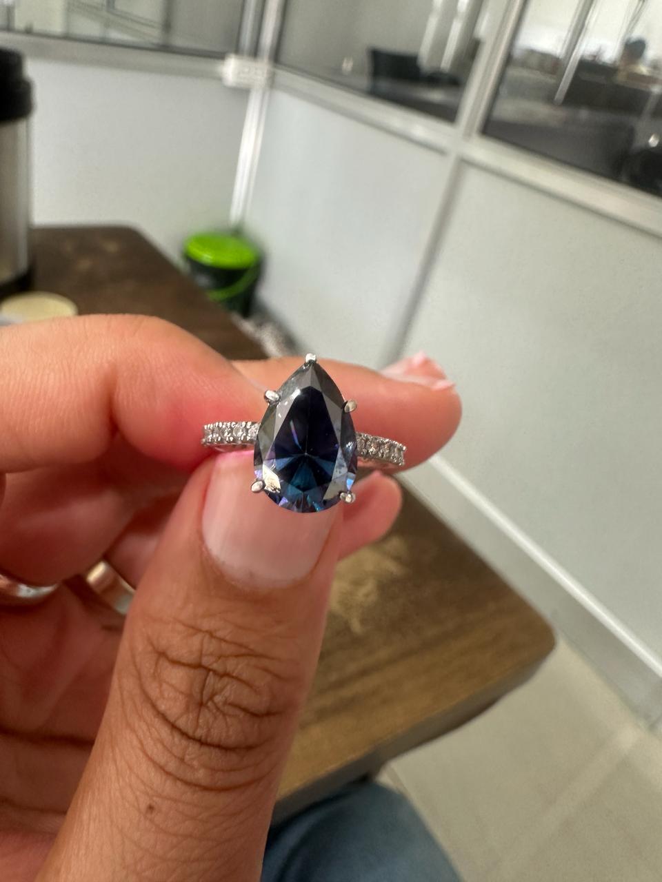 3 CT Pear Cut Blue Moissanite Engagement Ring | 14K White Gold Pavé Band