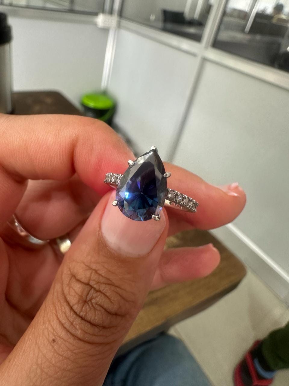 3 CT Pear Cut Blue Moissanite Engagement Ring | 14K White Gold Pavé Band