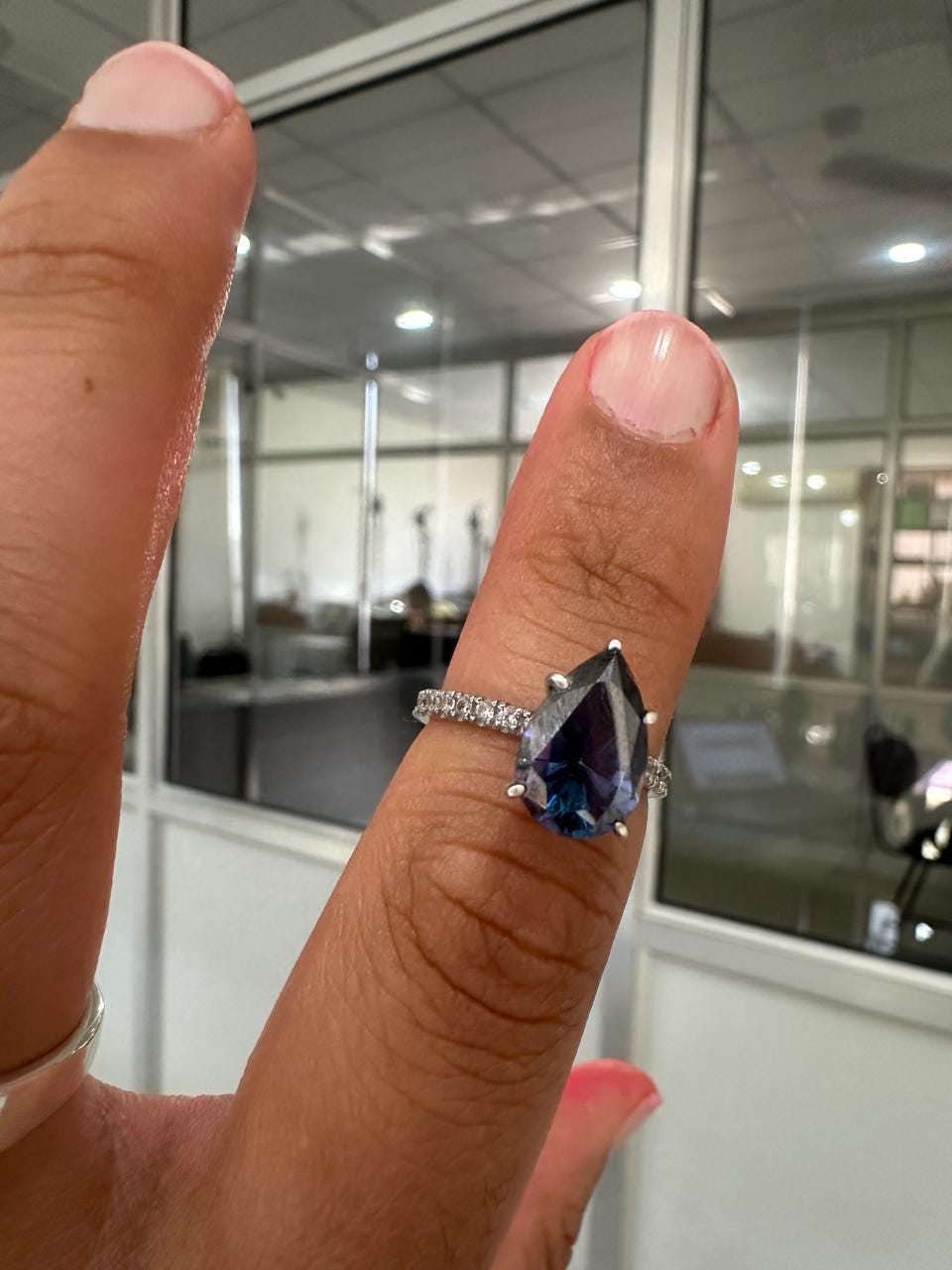3 CT Pear Cut Blue Moissanite Engagement Ring | 14K White Gold Pavé Band