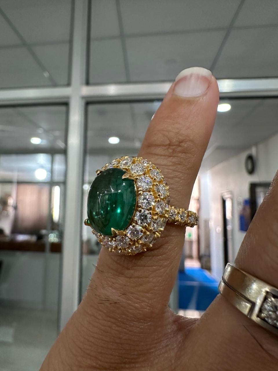 10 CT Emerald Double Halo Ring | 14K Yellow Gold, Moissanite Accents