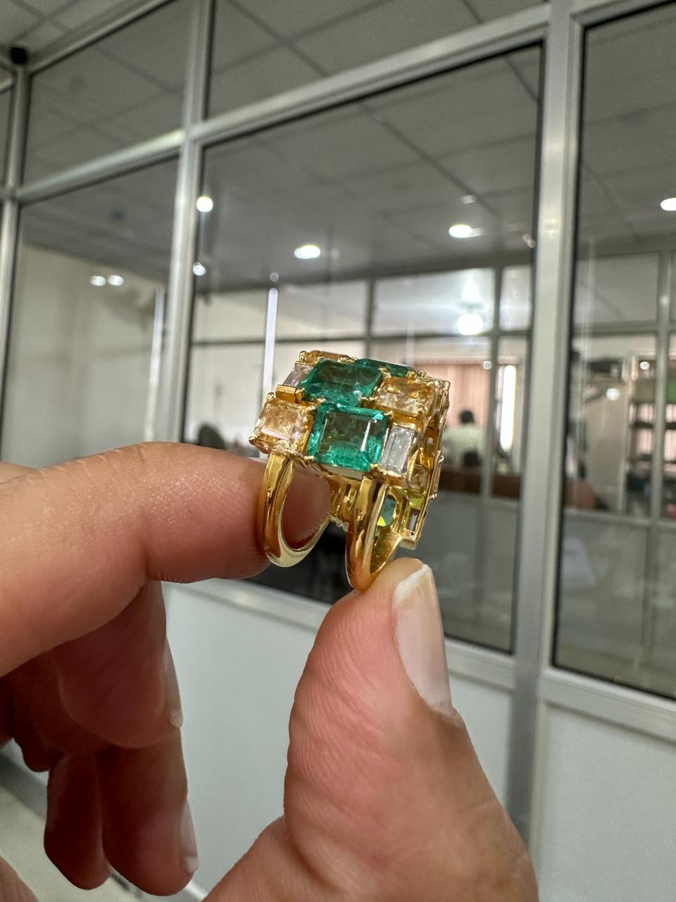 Multi Stone Emerald Engagement Ring | 14k Yellow Gold, Statement gift for her