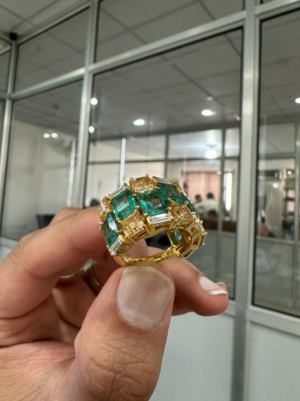 Multi Stone Emerald Engagement Ring | 14k Yellow Gold, Statement gift for her