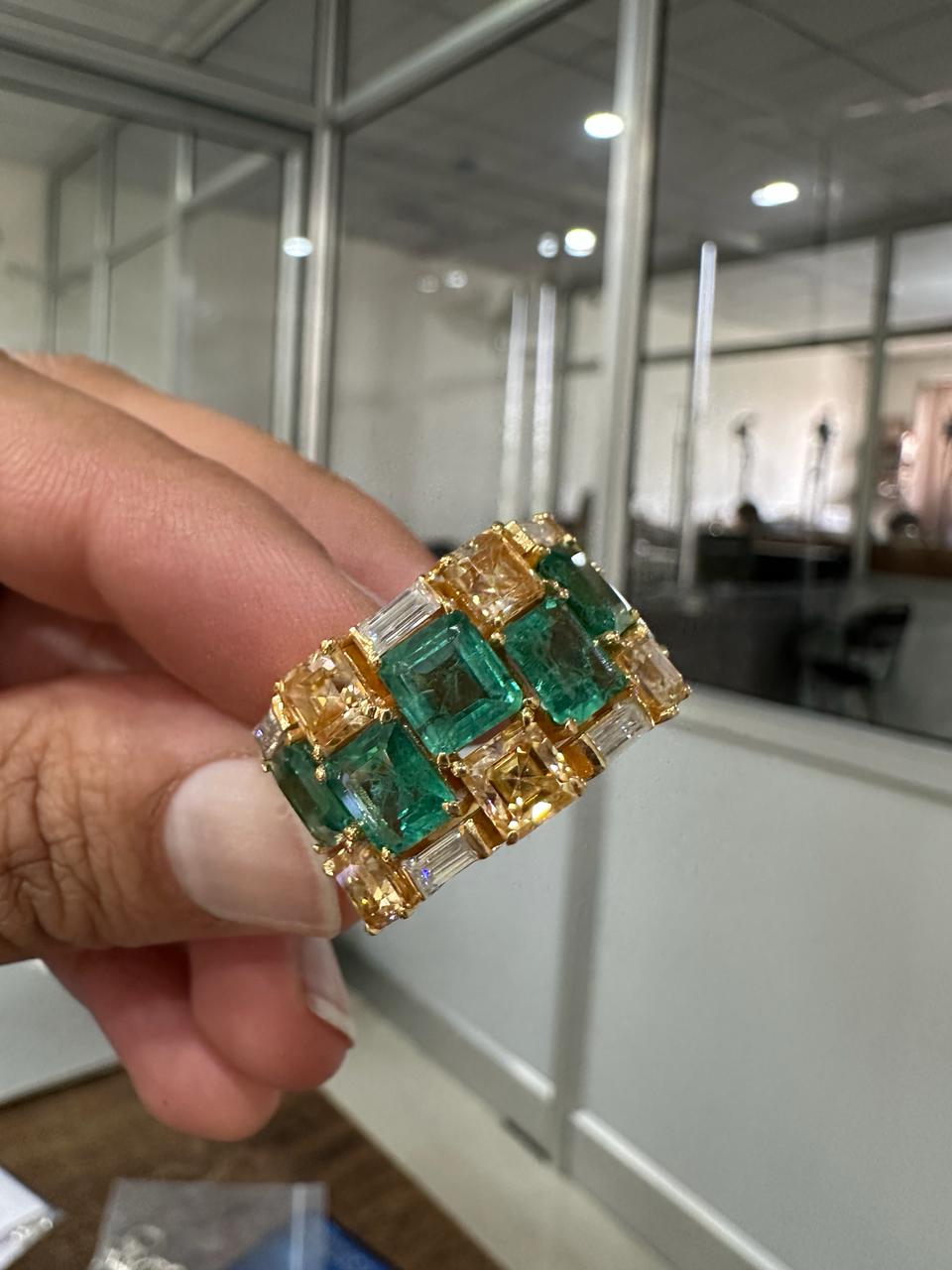Multi Stone Emerald Engagement Ring | 14k Yellow Gold, Statement gift for her
