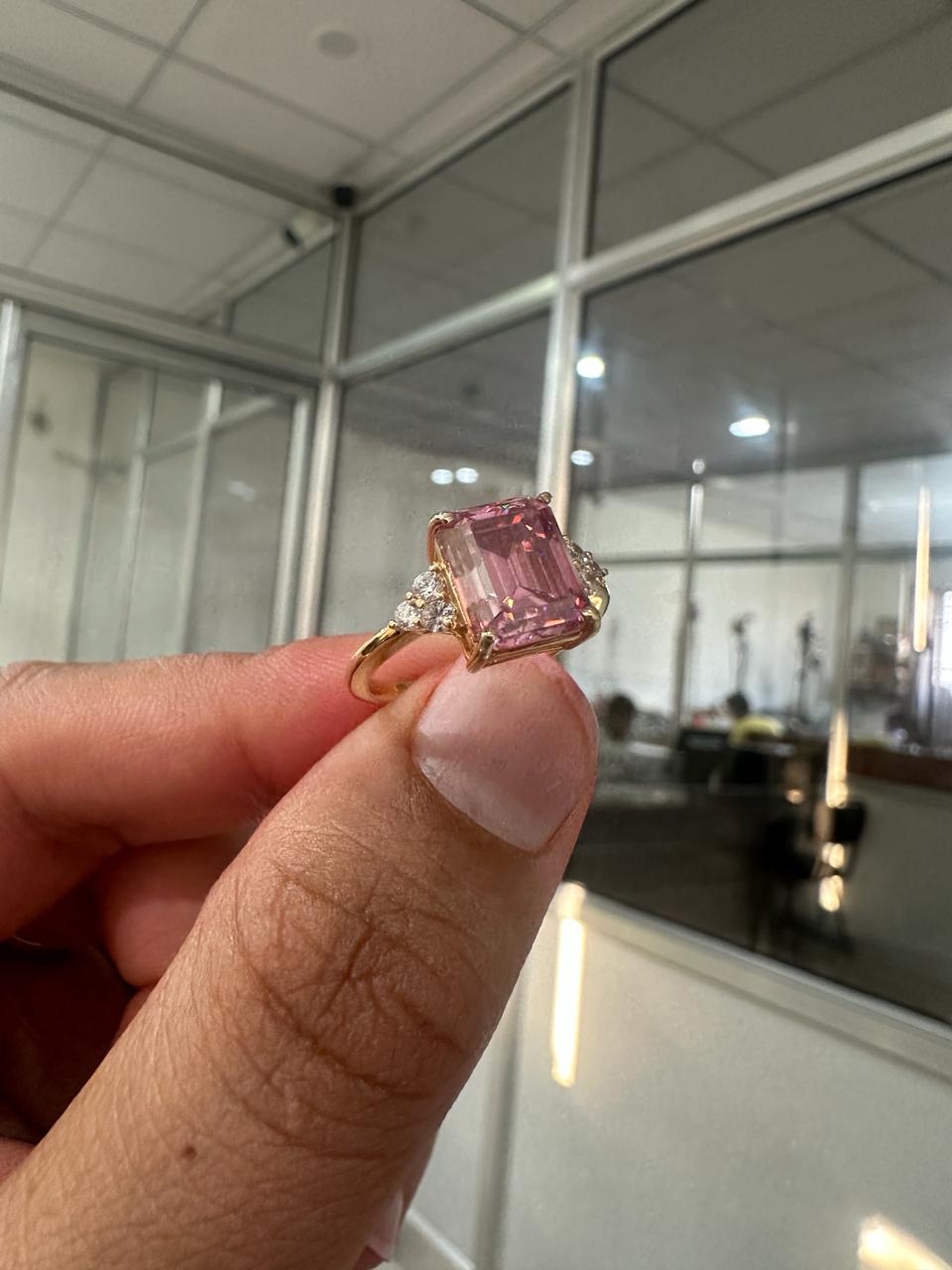 Royal Pink Gemstone Engagement Ring, 3 Ct Moissanite Ring, 14K Yellow Gold, Gift for Her