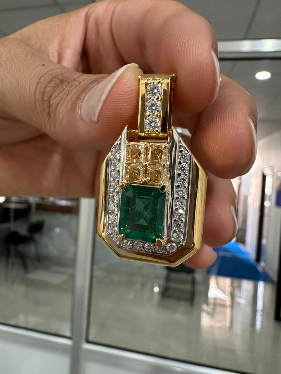 Vintage Emerald Diamond Pendant Necklace, 14K Yellow Gold, Luxury Gift for her