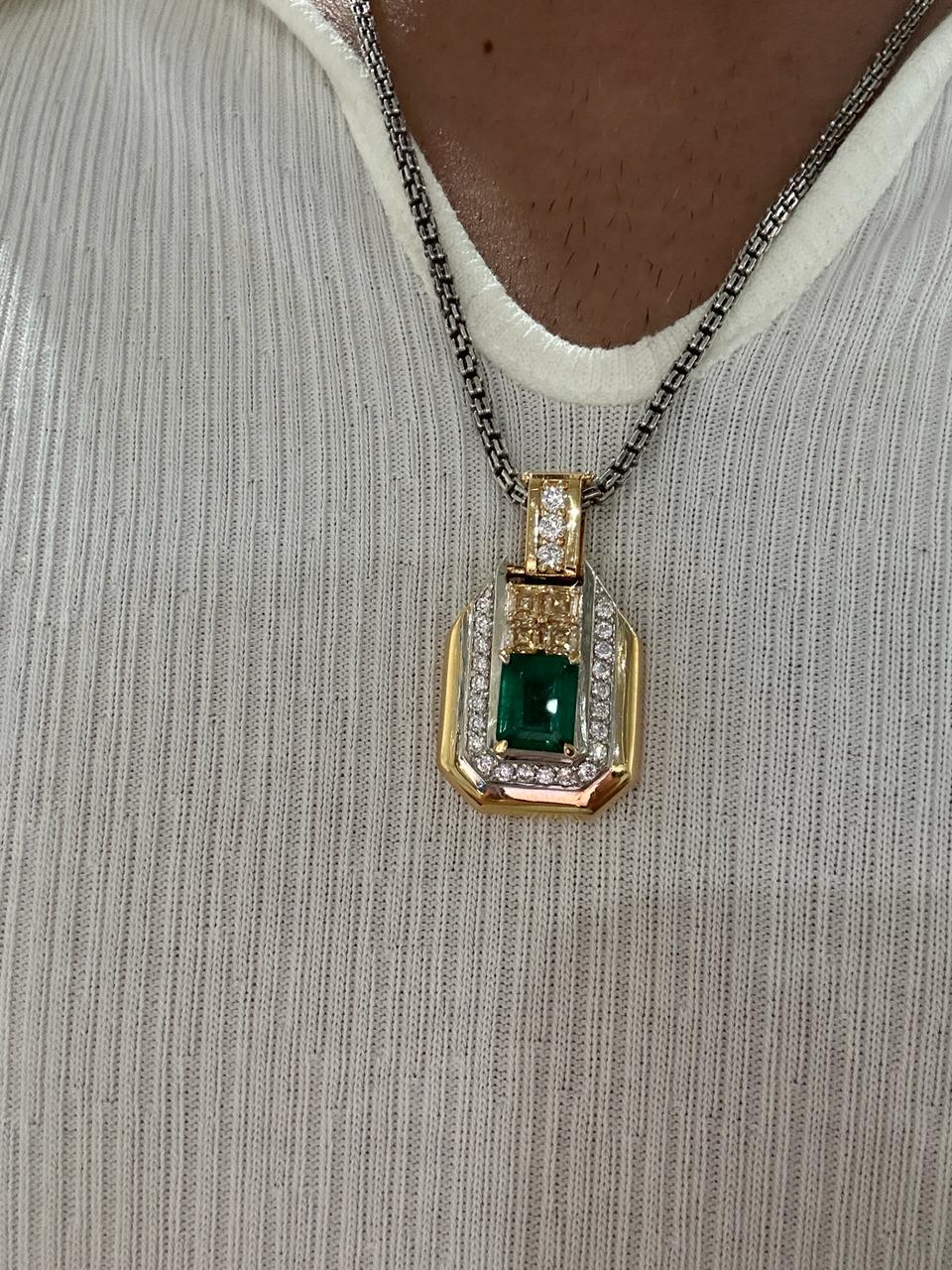 Vintage Emerald Diamond Pendant Necklace, 14K Yellow Gold, Luxury Gift for her