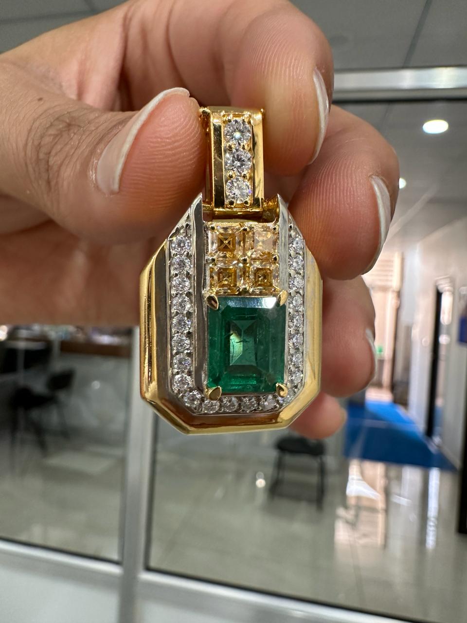 Vintage Emerald Diamond Pendant Necklace, 14K Yellow Gold, Luxury Gift for her
