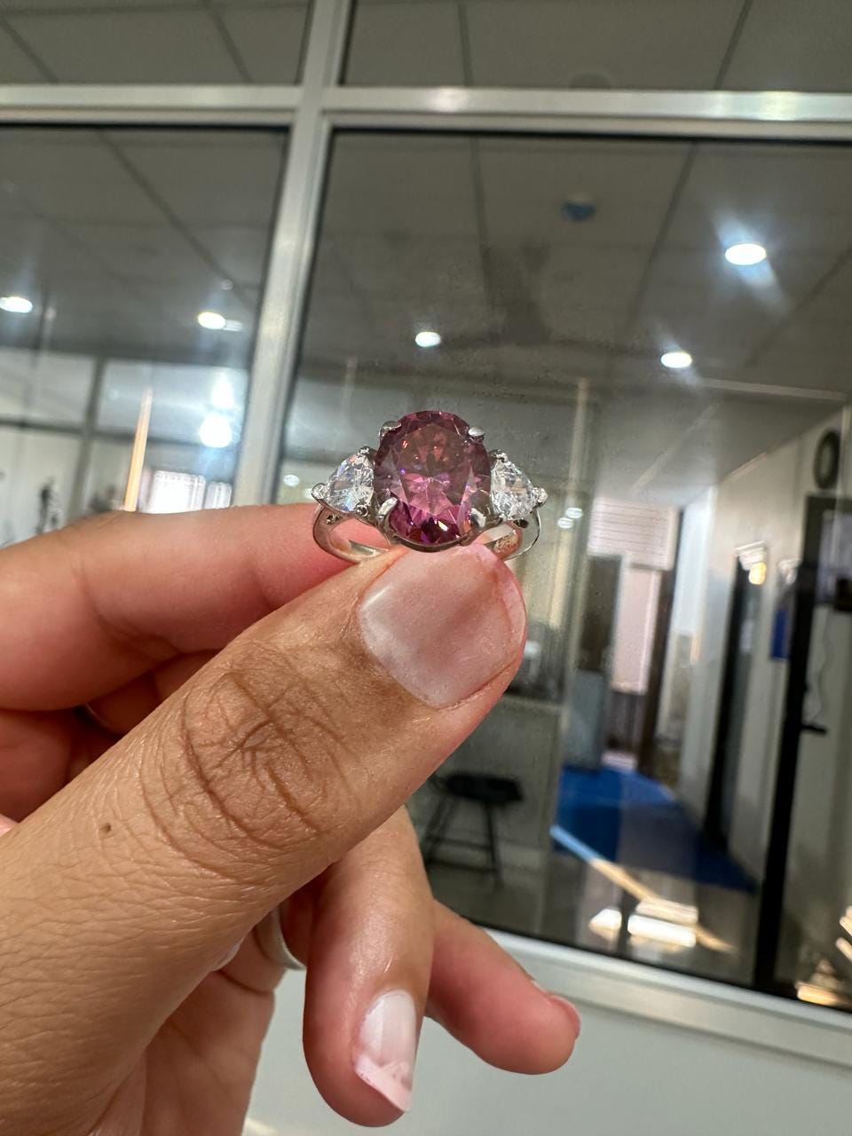 Raspberry Pink Oval Moissanite Engagement Ring, 14K White Gold Three Stone Ring