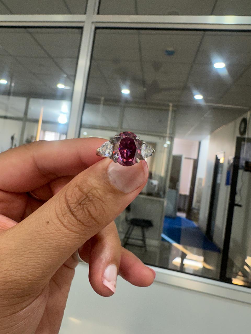 Raspberry Pink Oval Moissanite Engagement Ring, 14K White Gold Three Stone Ring