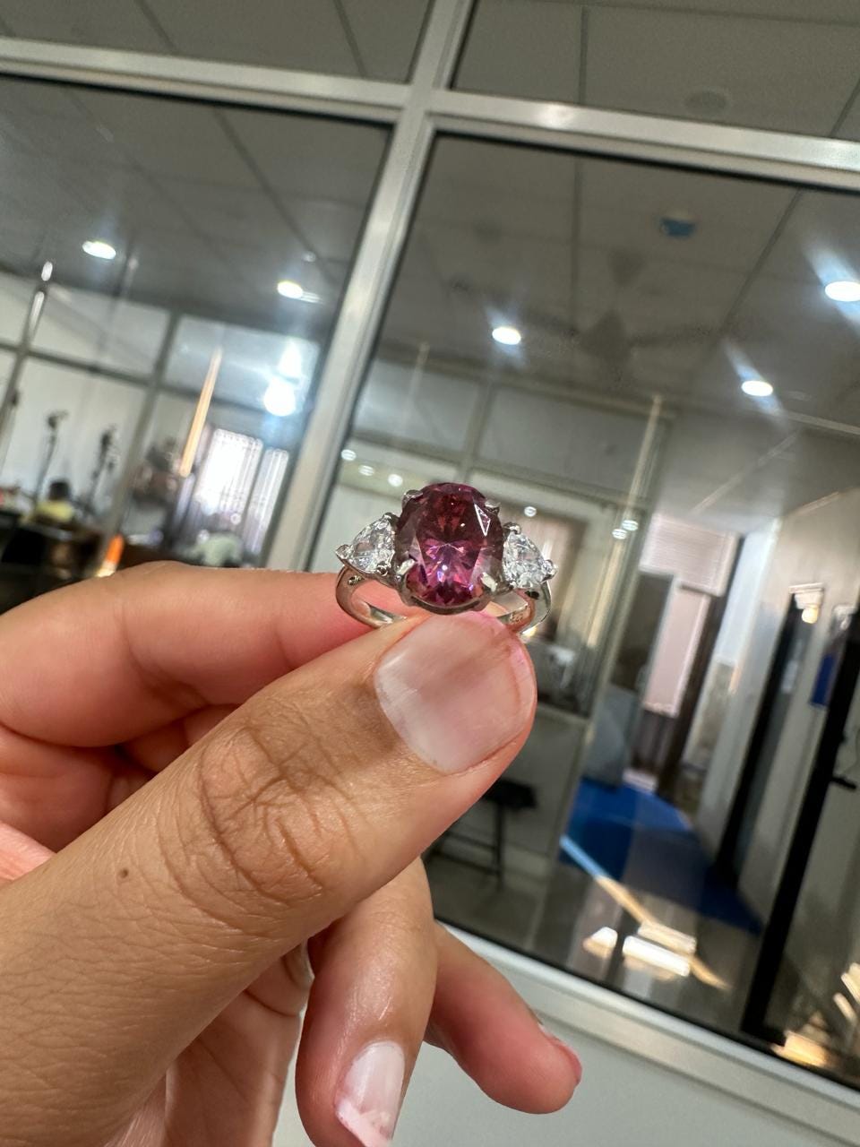 Raspberry Pink Oval Moissanite Engagement Ring, 14K White Gold Three Stone Ring
