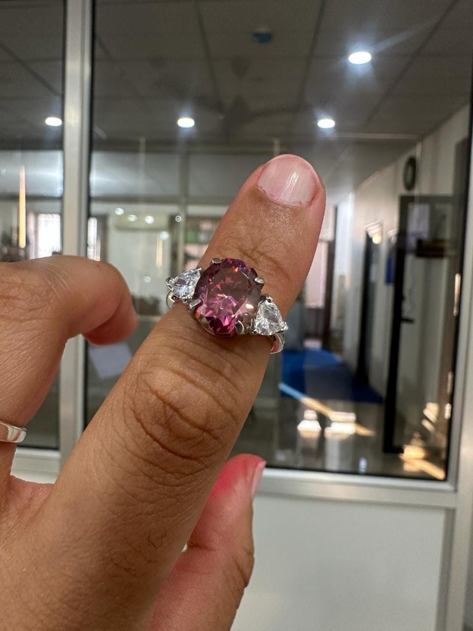 Raspberry Pink Oval Moissanite Engagement Ring, 14K White Gold Three Stone Ring