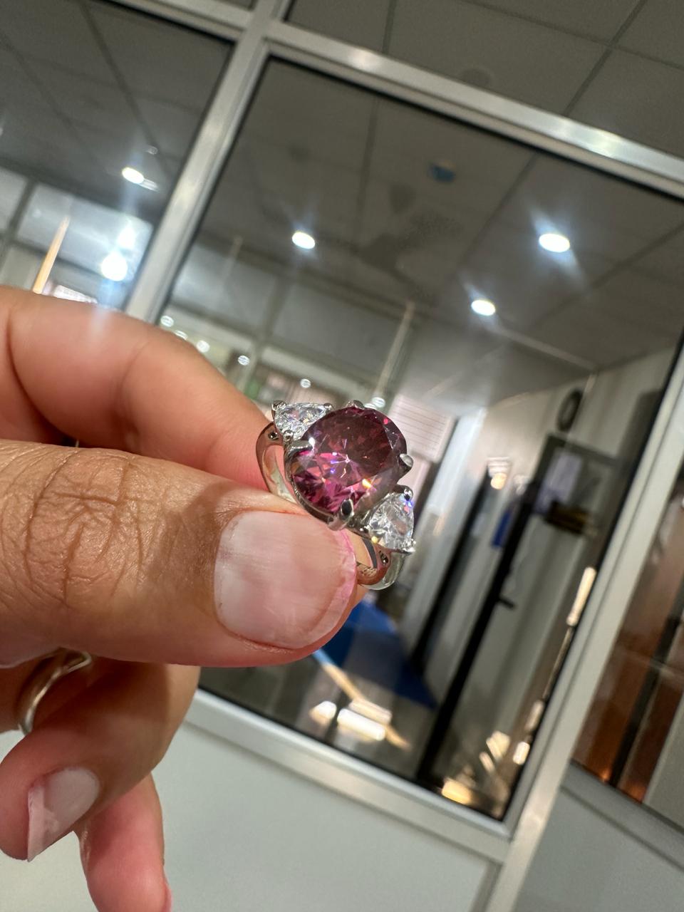 Raspberry Pink Oval Moissanite Engagement Ring, 14K White Gold Three Stone Ring