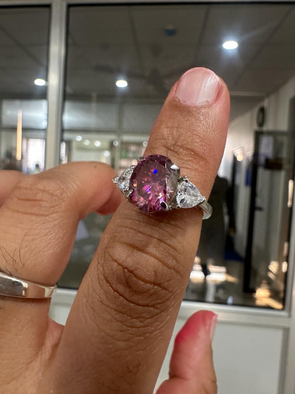 Raspberry Pink Oval Moissanite Engagement Ring, 14K White Gold Three Stone Ring