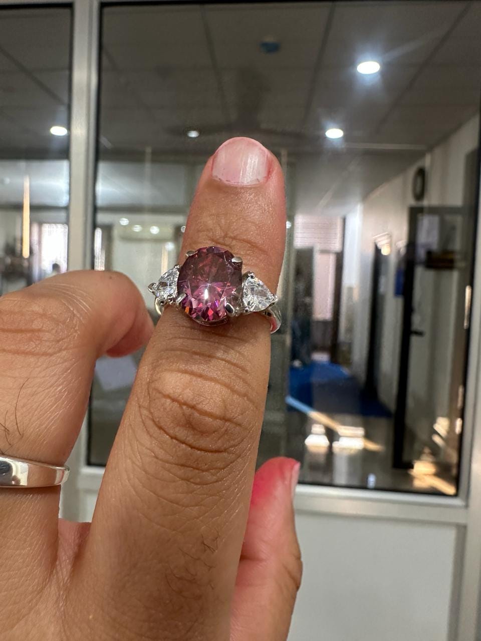 Raspberry Pink Oval Moissanite Engagement Ring, 14K White Gold Three Stone Ring