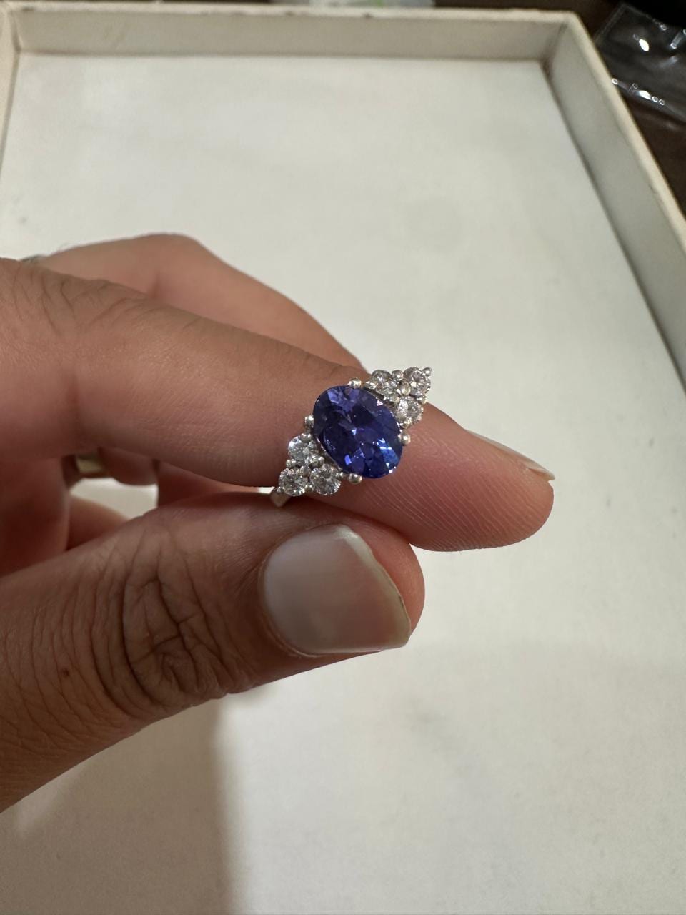 Oval Tanzanite Engagement Ring, 14K White Gold, Blue Purple Gemstone, Moissanite Accents