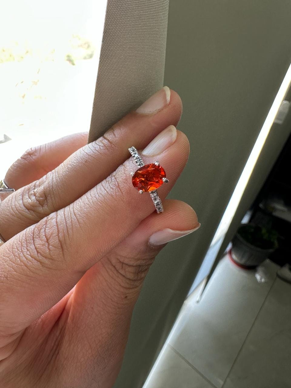 Natural Mexican Fire Opal Ring | 14K White Gold | Unique Engagement Ring 1.25 CT