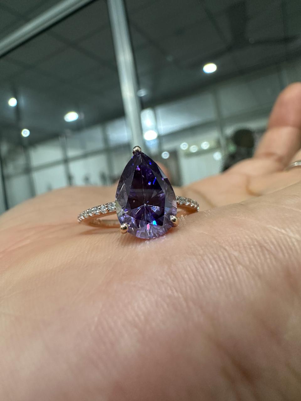 3.5 CT Purple Moissanite Engagement Ring, 14K Rose Gold Hidden Halo Ring
