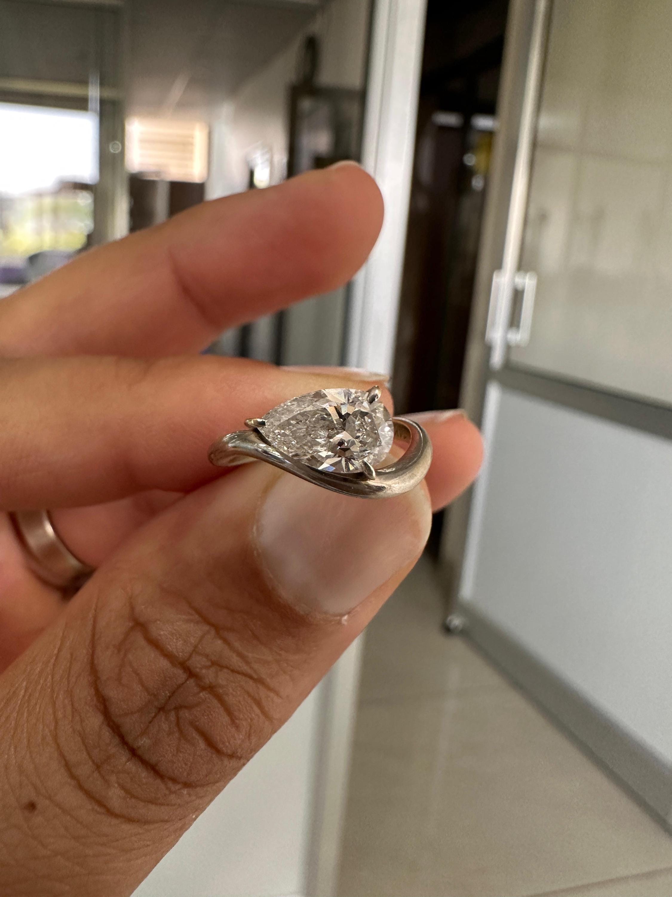 1 CT Pear Lab Diamond Signet Ring, 14K White Gold Curved Band, IGI Certified