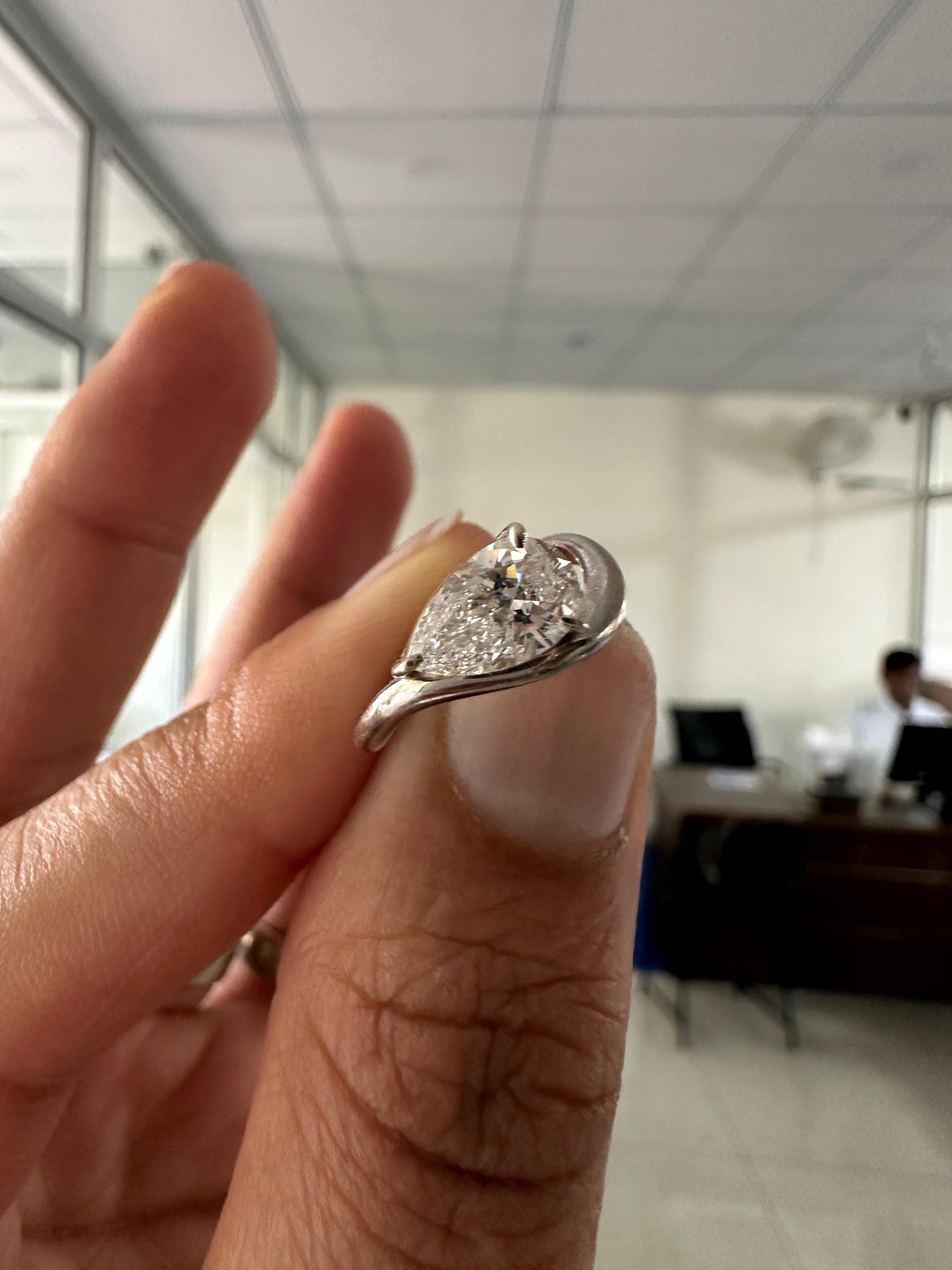 1 CT Pear Lab Diamond Signet Ring, 14K White Gold Curved Band, IGI Certified