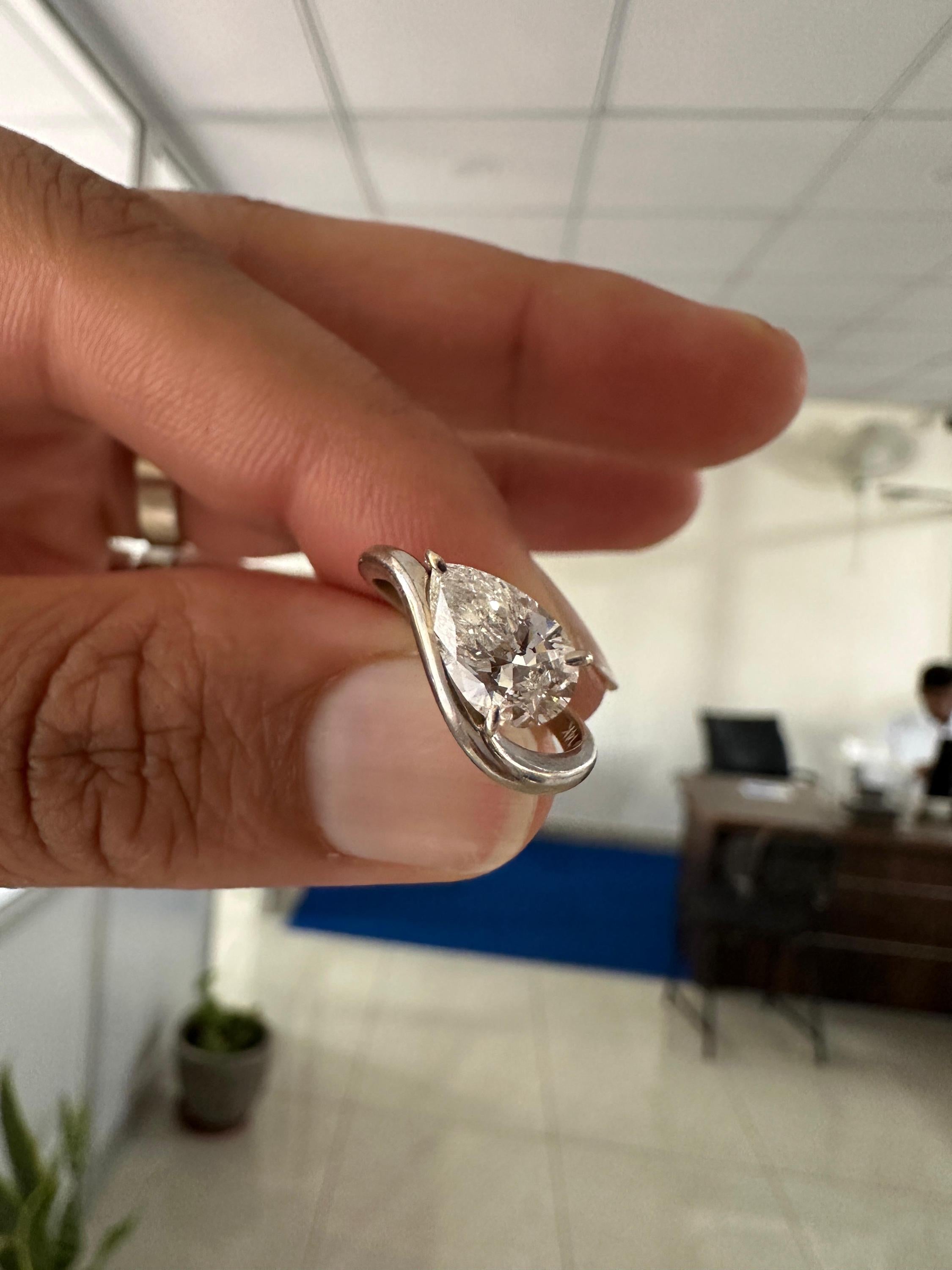 1 CT Pear Lab Diamond Signet Ring, 14K White Gold Curved Band, IGI Certified