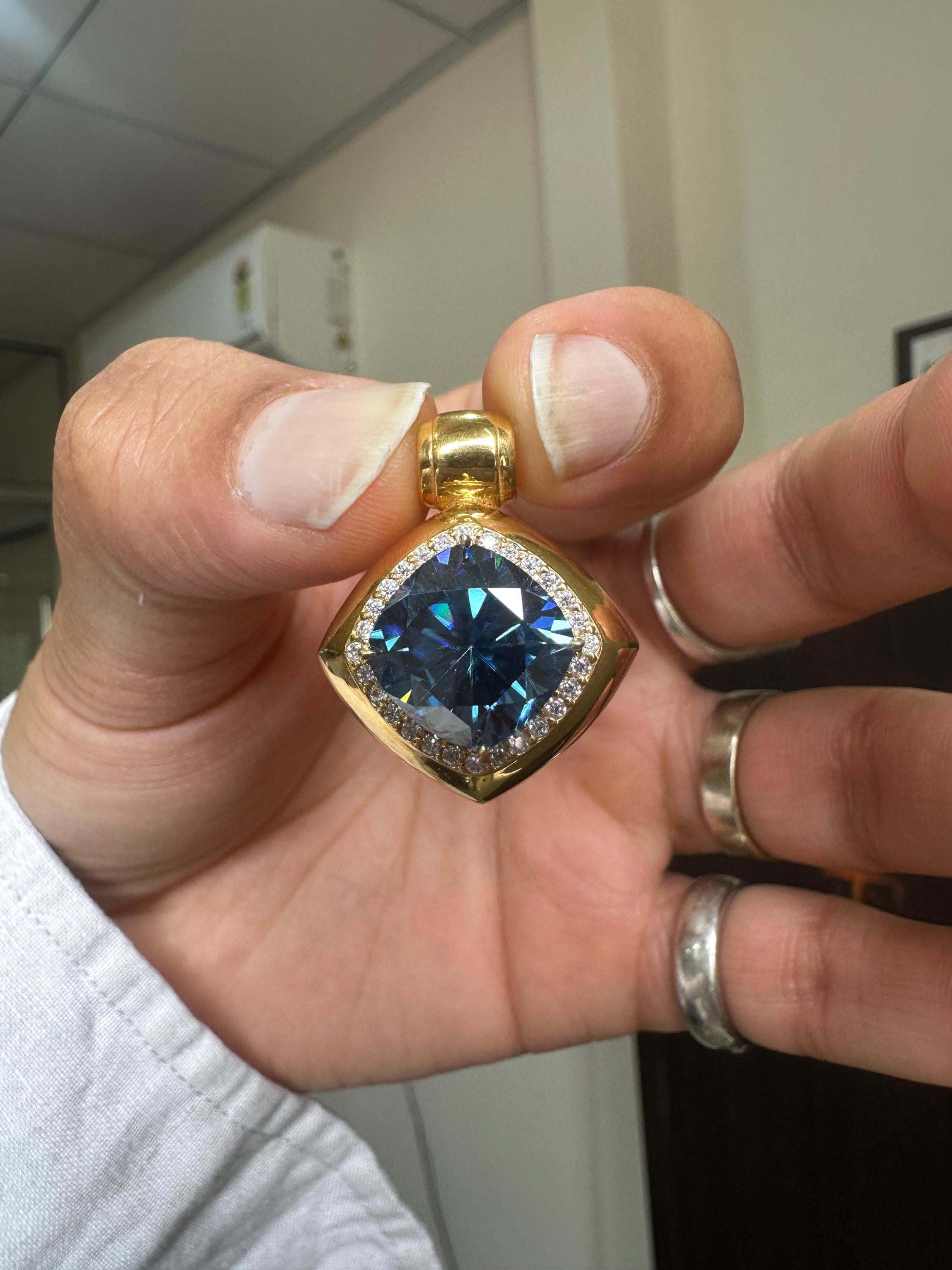 10 CT Cushion Blue Moissanite Halo Pendant | 14K Yellow Gold Statement Necklace