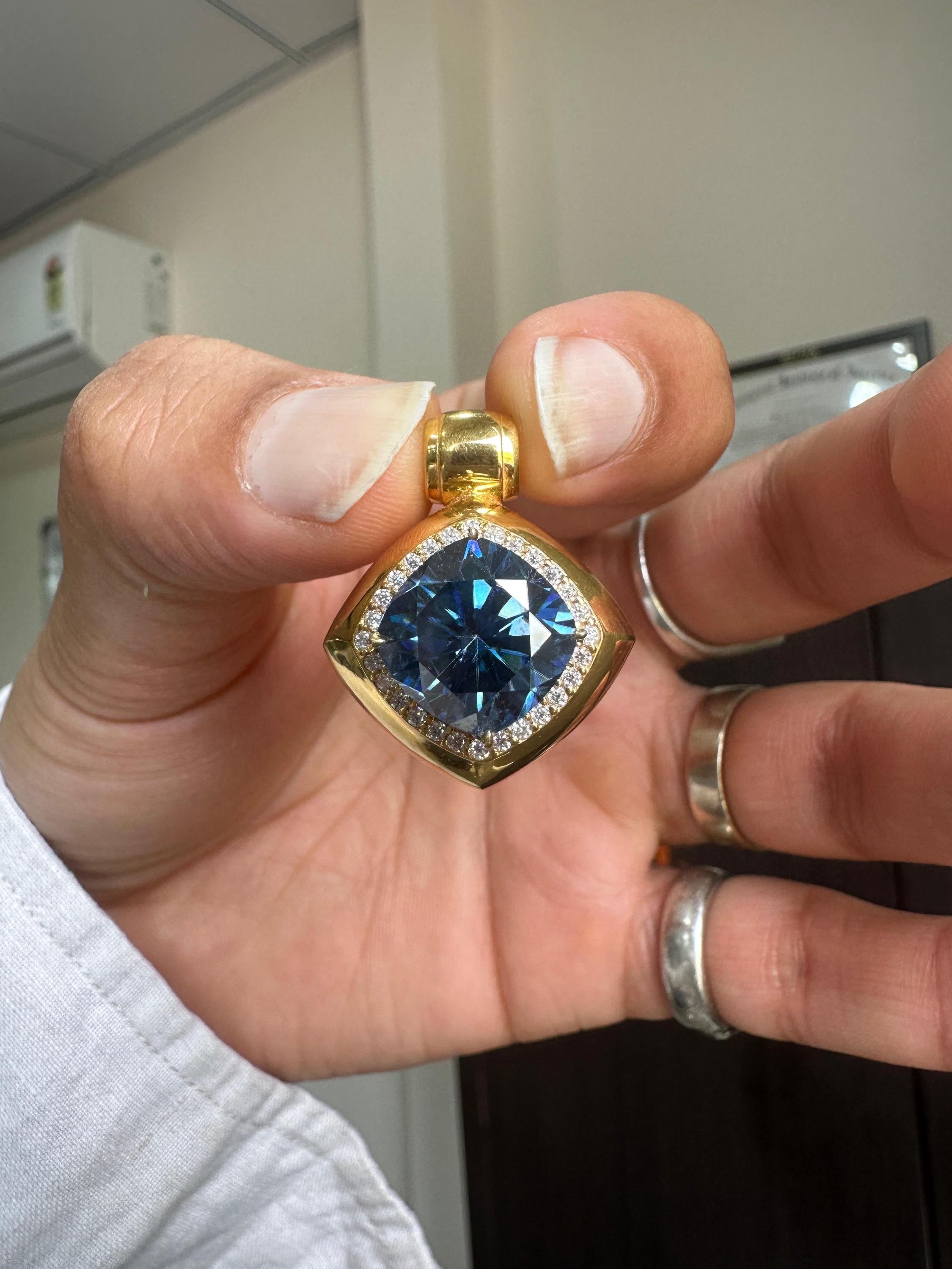 10 CT Cushion Blue Moissanite Halo Pendant | 14K Yellow Gold Statement Necklace