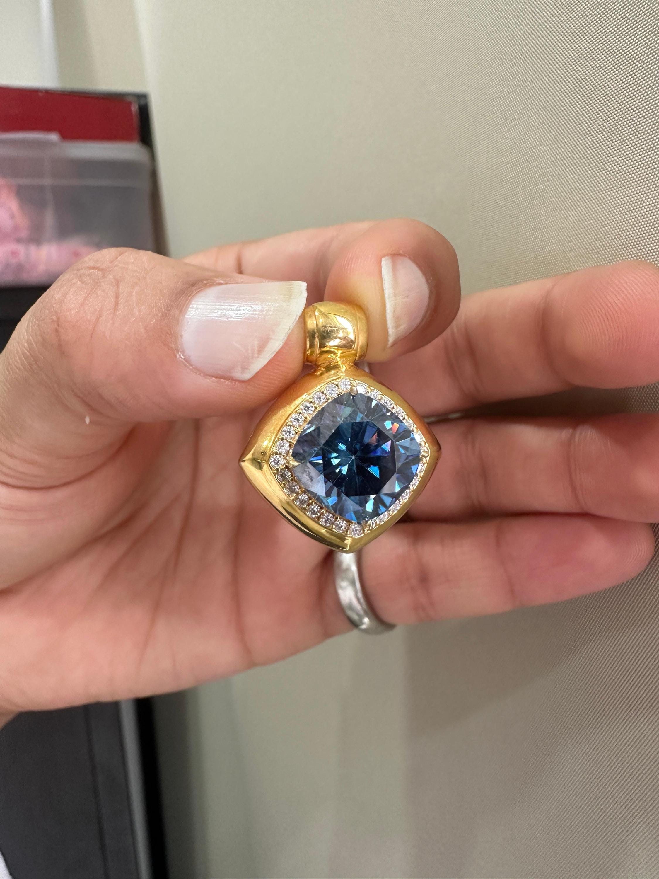 10 CT Cushion Blue Moissanite Halo Pendant | 14K Yellow Gold Statement Necklace