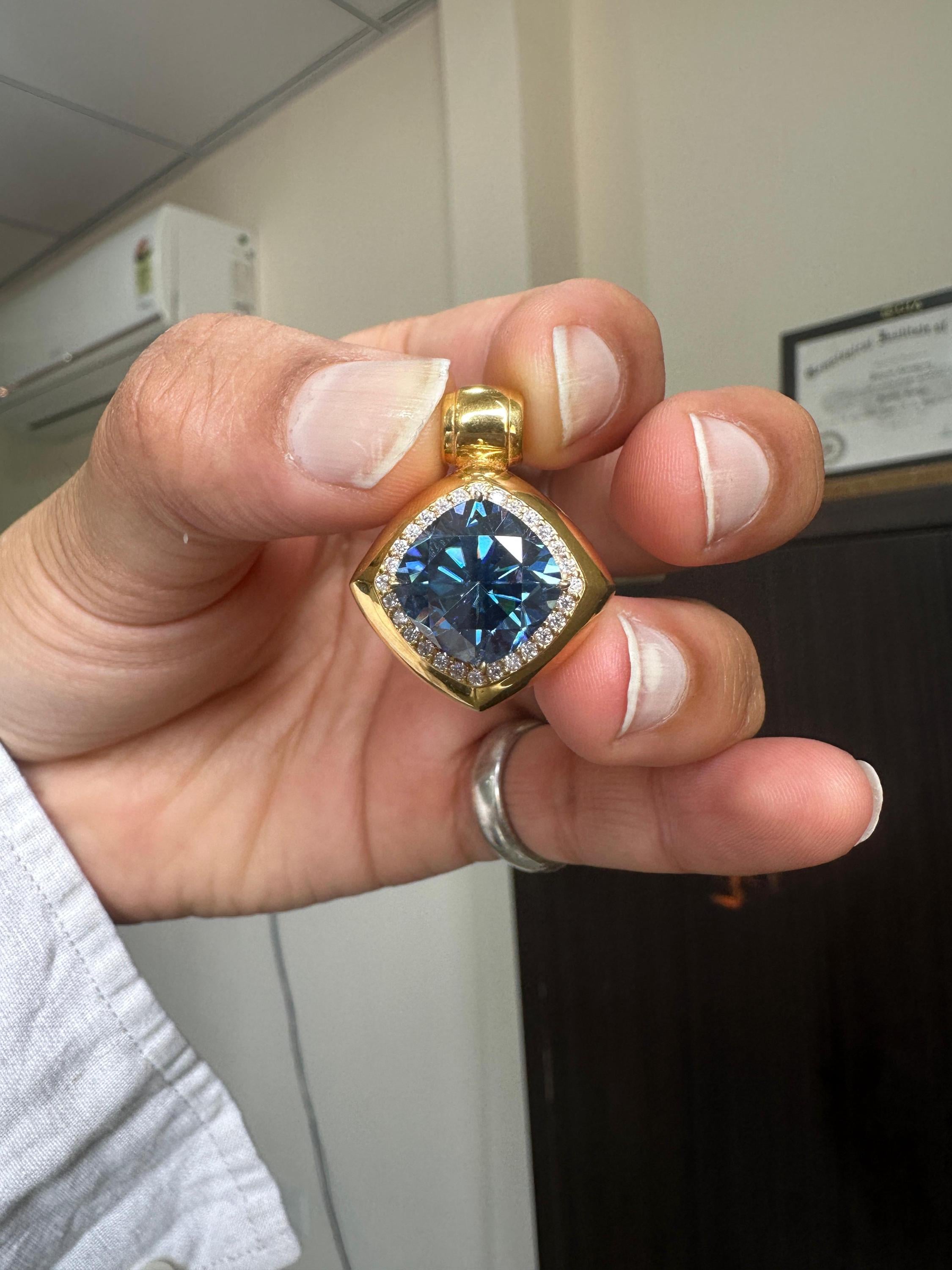 10 CT Cushion Blue Moissanite Halo Pendant | 14K Yellow Gold Statement Necklace