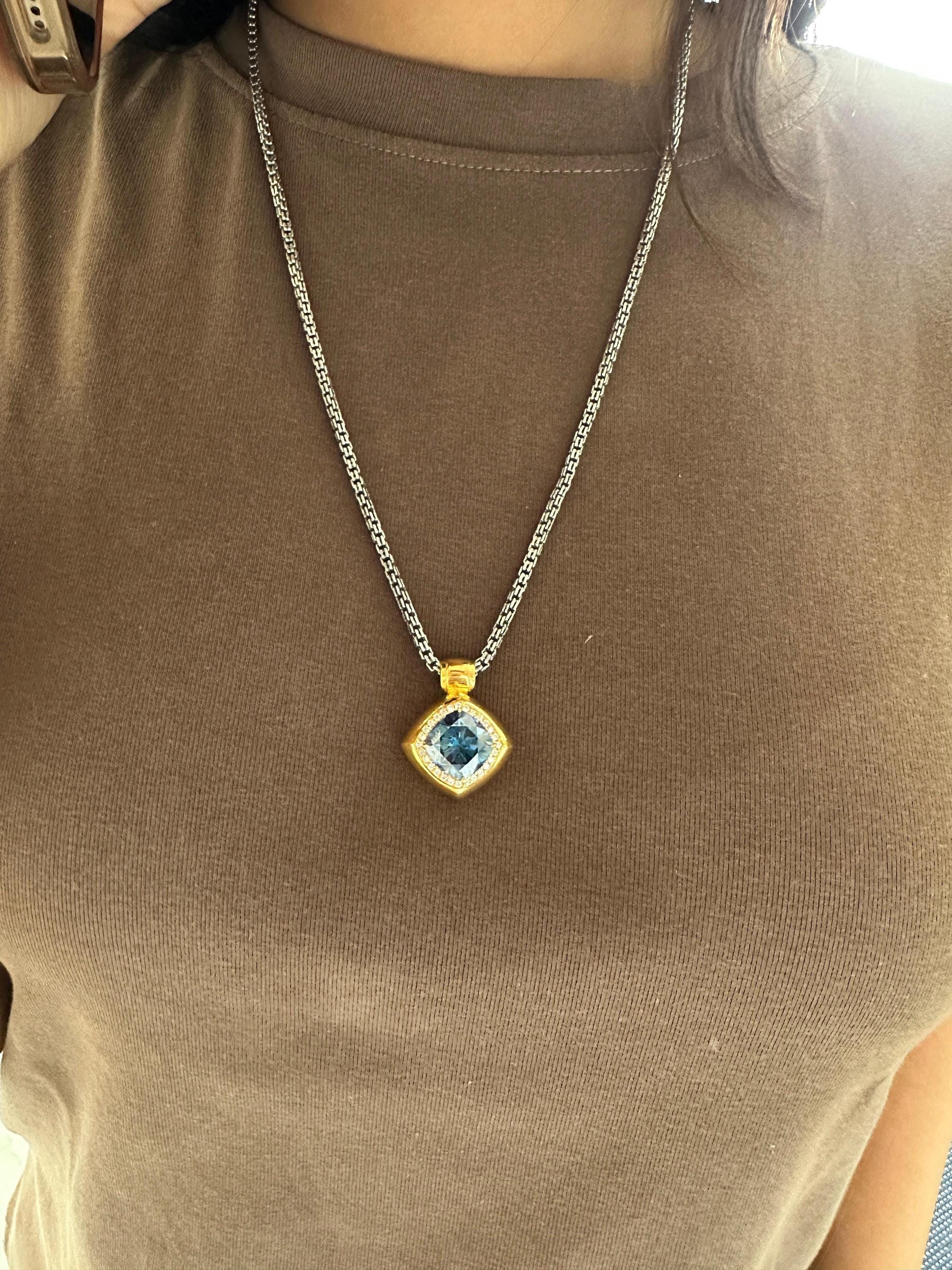 10 CT Cushion Blue Moissanite Halo Pendant | 14K Yellow Gold Statement Necklace