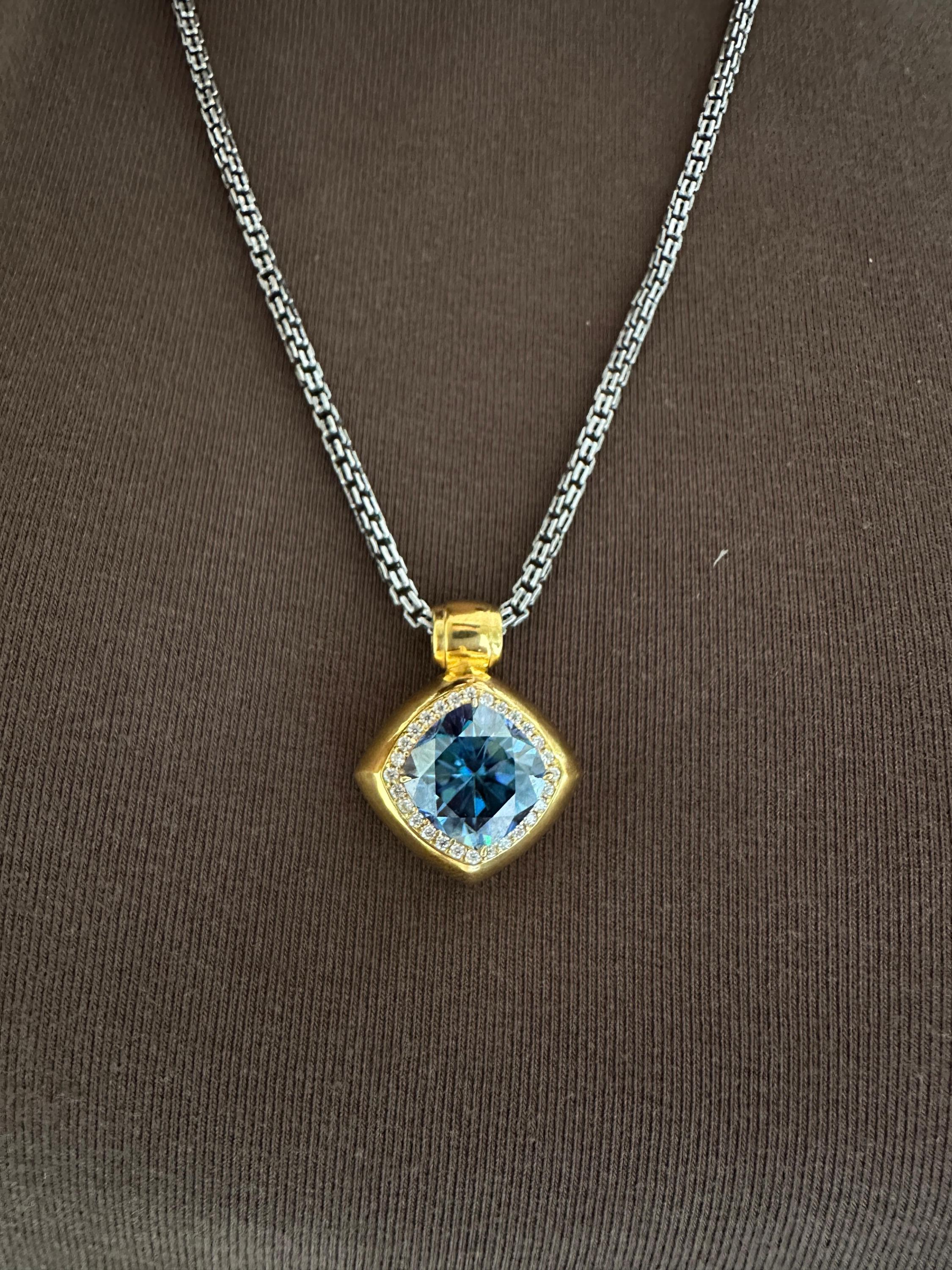 10 CT Cushion Blue Moissanite Halo Pendant | 14K Yellow Gold Statement Necklace