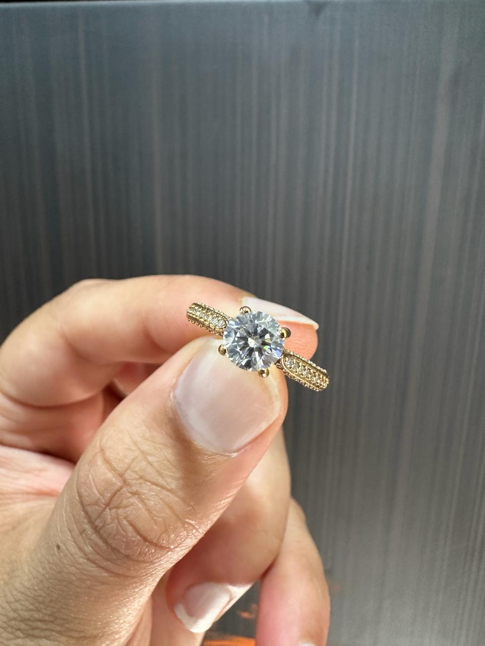 1 CT Round Lab Diamond Engagement Ring, 14K Yellow Gold, IGI Certified Pavé Band