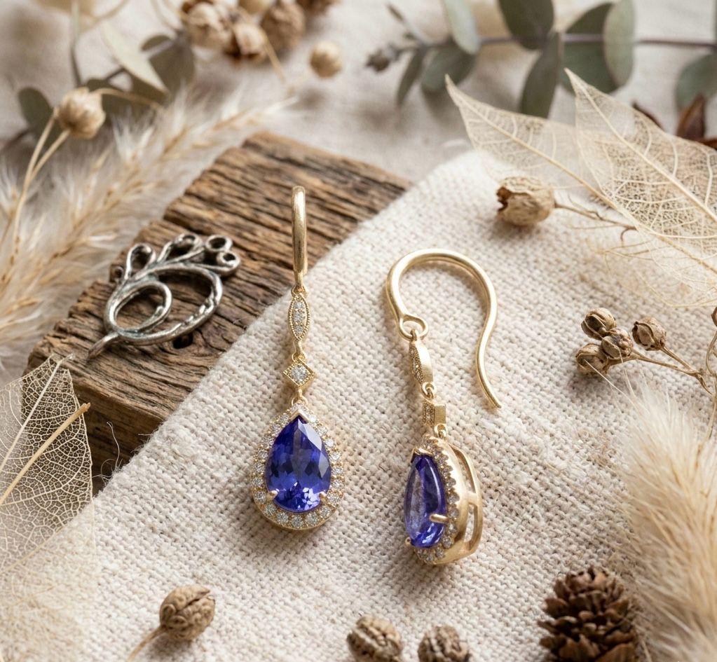 Pear Tanzanite Drop Earrings 14K Yellow Gold with Lab Diamonds 2.5 CT