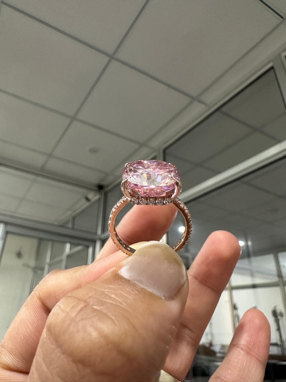 10 CT Pink Cushion Moissanite Engagement Ring, 14K Rose Gold Hidden Halo Pavé Band