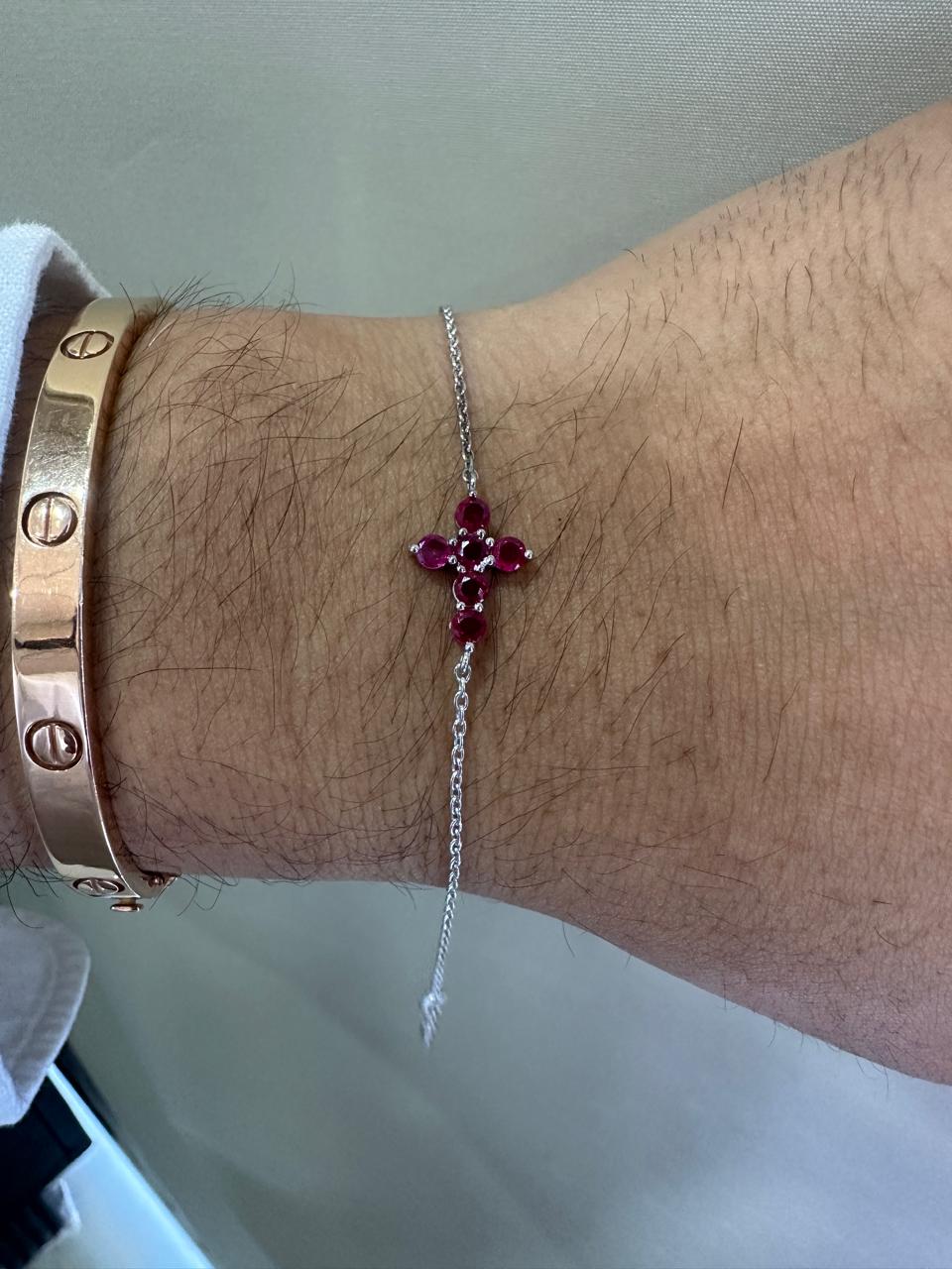 Minimal Ruby Cross Bracelet | 925 Sterling Silver | Red Gemstone Chain Bracelet | Religious Jewelry