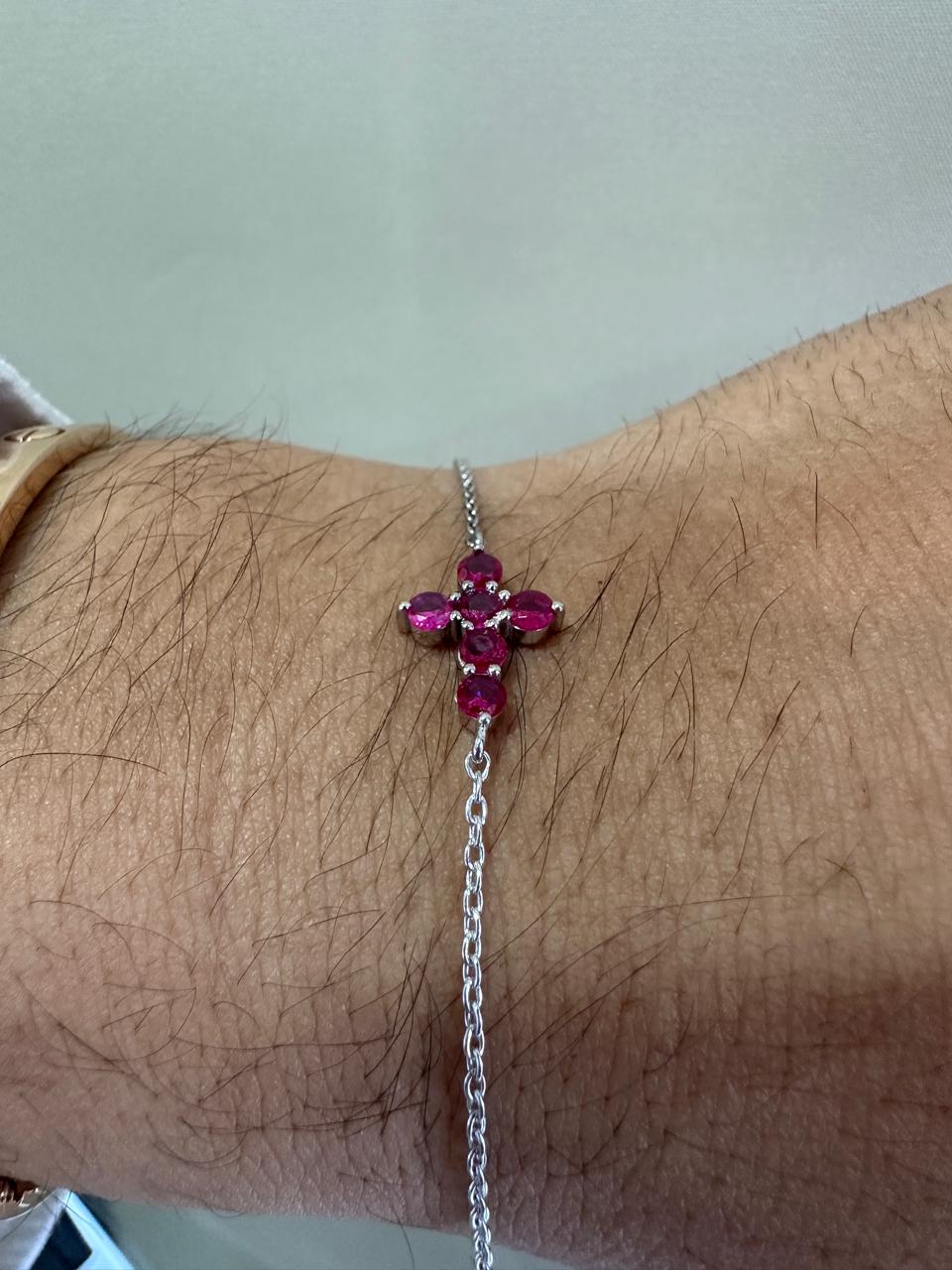 Minimal Ruby Cross Bracelet | 925 Sterling Silver | Red Gemstone Chain Bracelet | Religious Jewelry