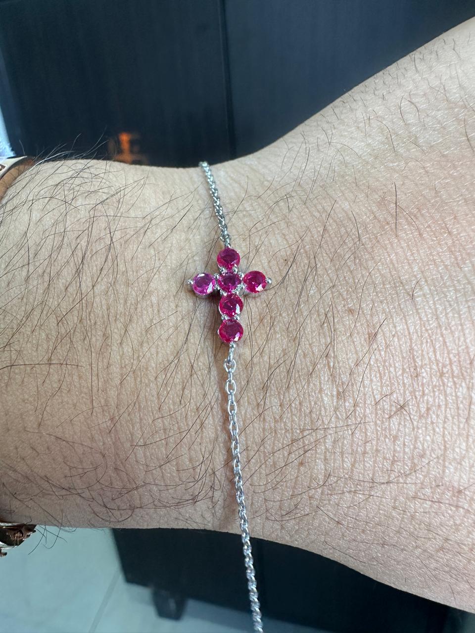 Minimal Ruby Cross Bracelet | 925 Sterling Silver | Red Gemstone Chain Bracelet | Religious Jewelry