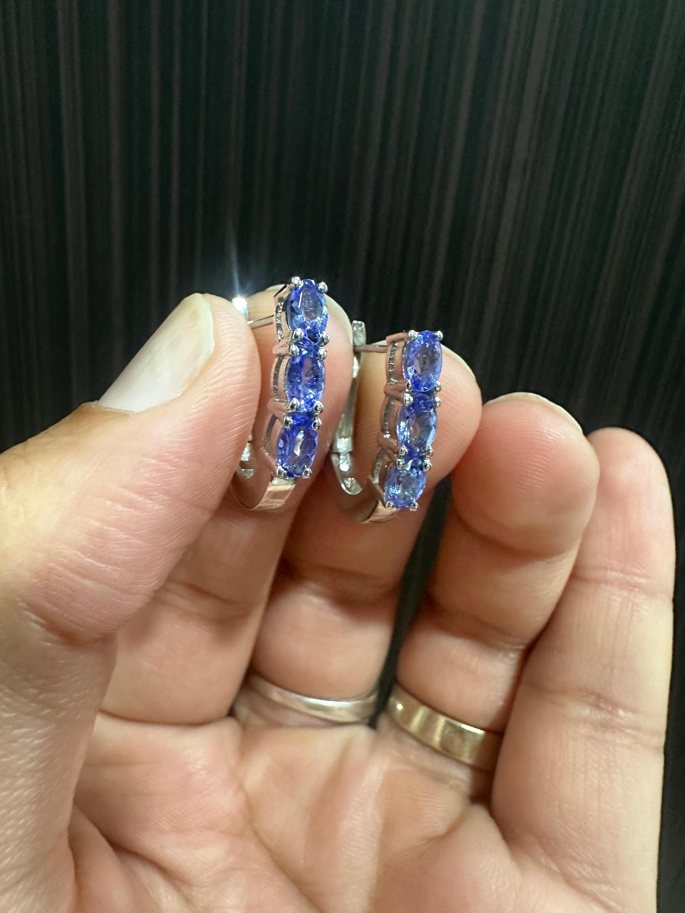 14k White Gold Tanzanite Huggies Hoop Earrings, December Birthstone, Gift for her