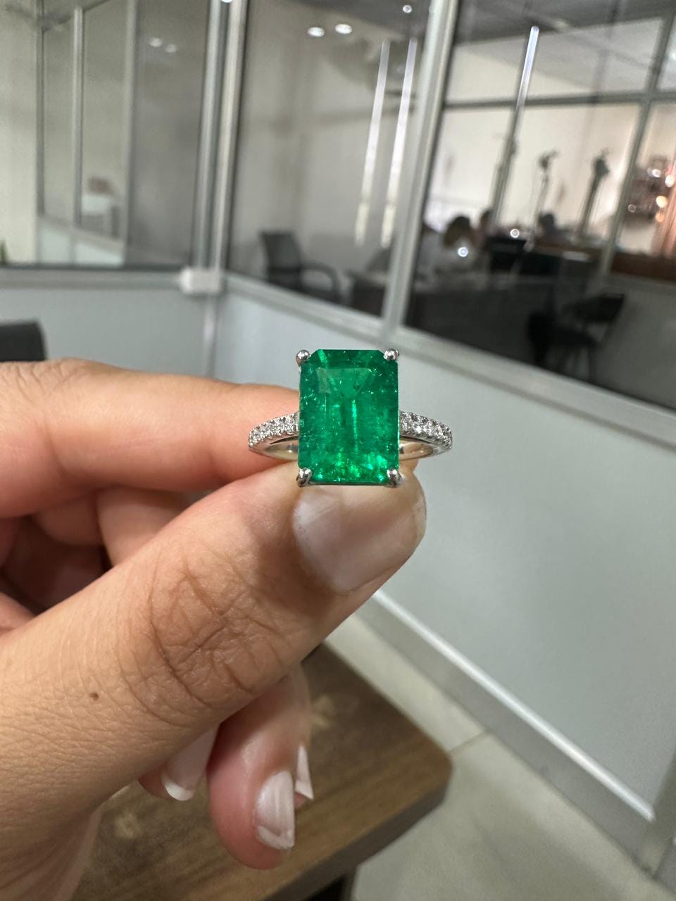7 CT Lab Grown Colombian Emerald Engagement Ring, 14K White Gold Emerald Cut Gemstone