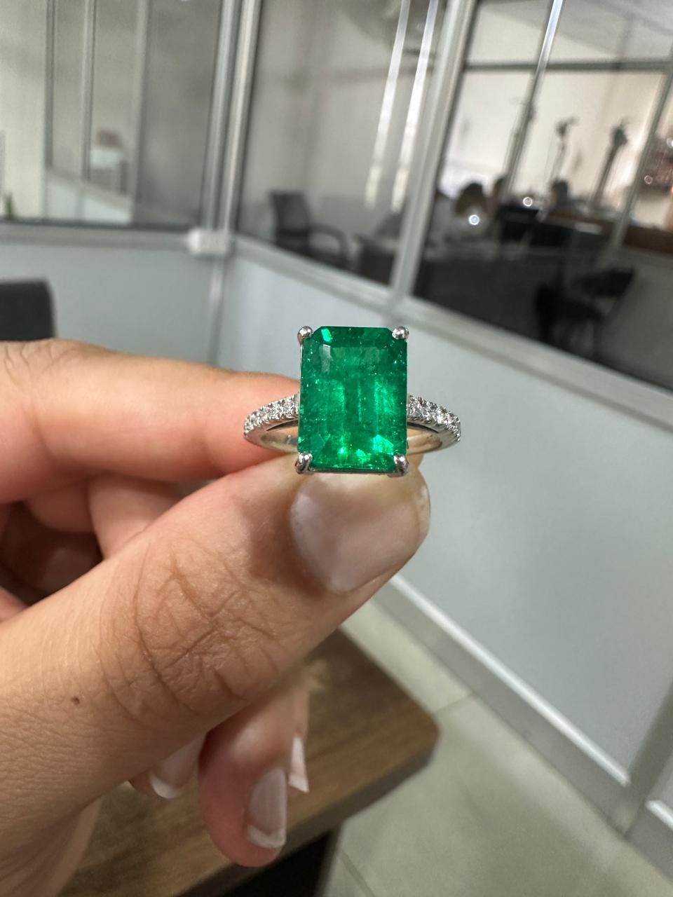 7 CT Lab Grown Colombian Emerald Engagement Ring, 14K White Gold Emerald Cut Gemstone