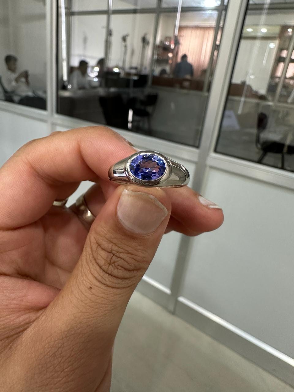14K White Gold Tanzanite Dome Ring, Oval Blue Purple Gemstone, Modern Men's Band