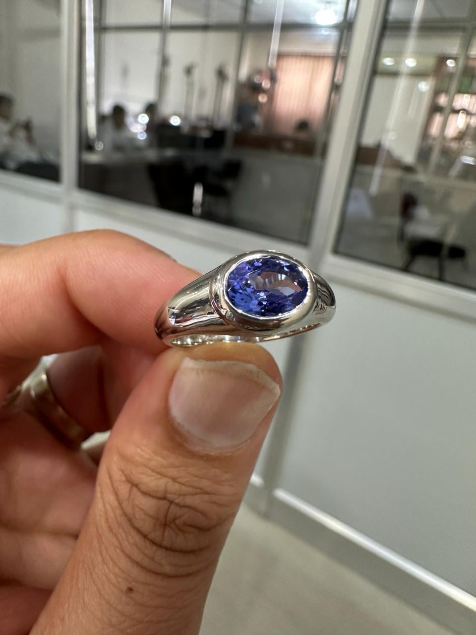 14K White Gold Tanzanite Dome Ring, Oval Blue Purple Gemstone, Modern Men's Band