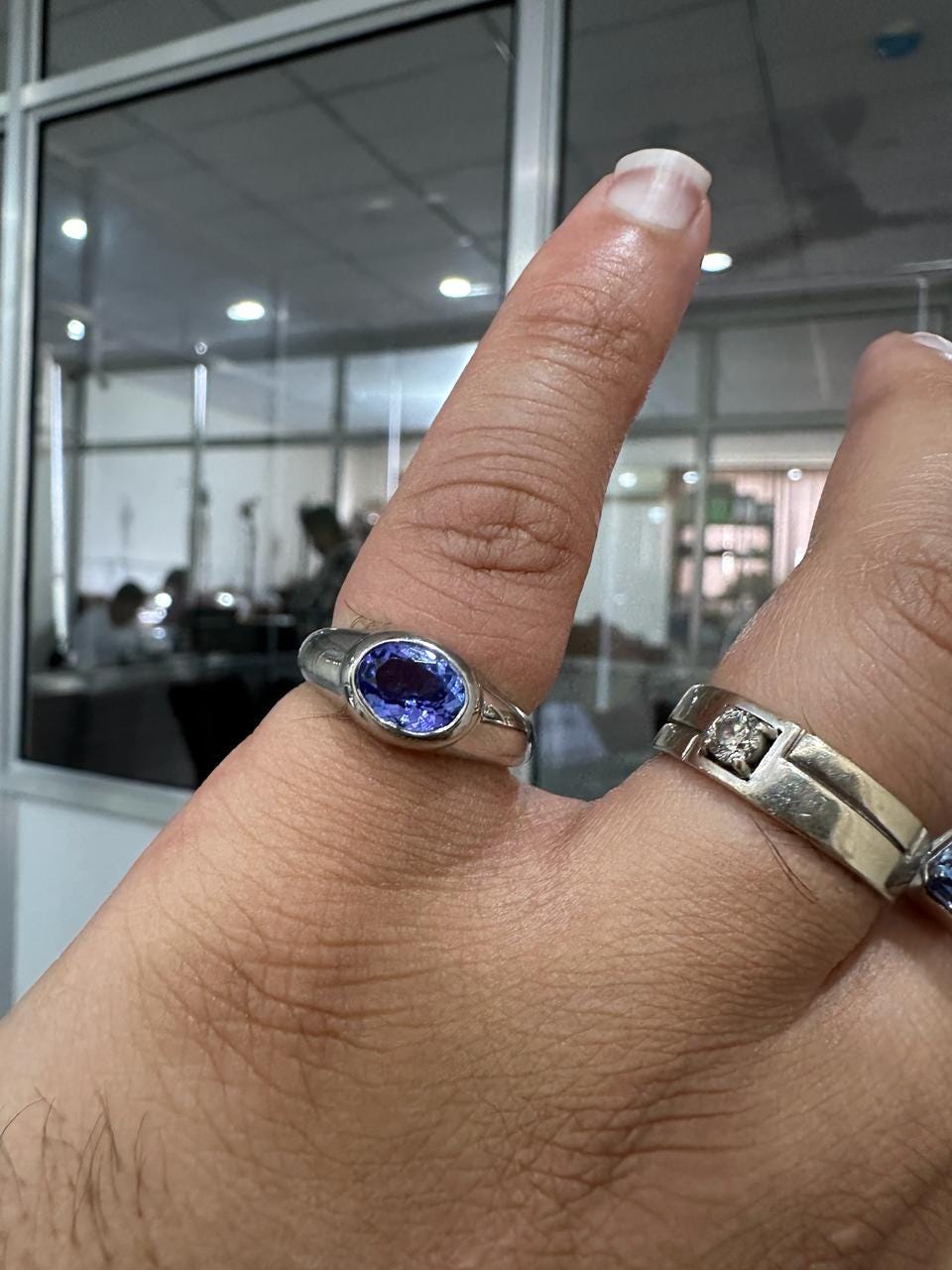 14K White Gold Tanzanite Dome Ring, Oval Blue Purple Gemstone, Modern Men's Band