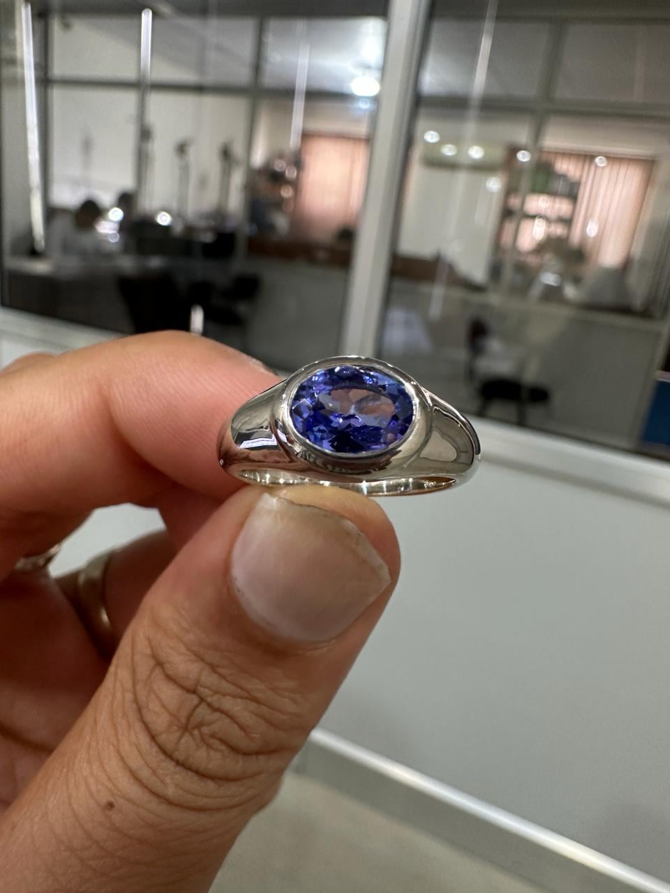 14K White Gold Tanzanite Dome Ring, Oval Blue Purple Gemstone, Modern Men's Band