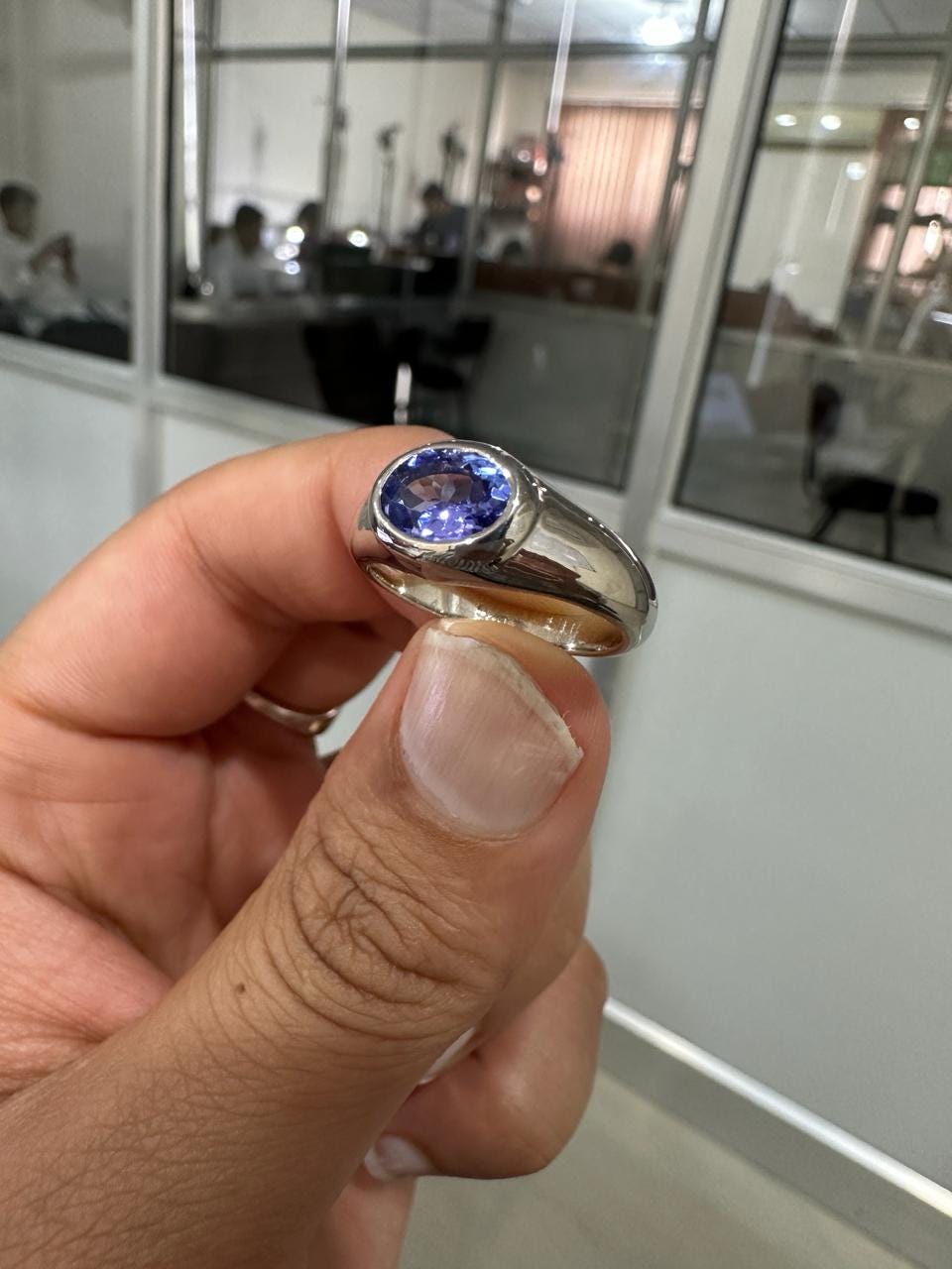 14K White Gold Tanzanite Dome Ring, Oval Blue Purple Gemstone, Modern Men's Band