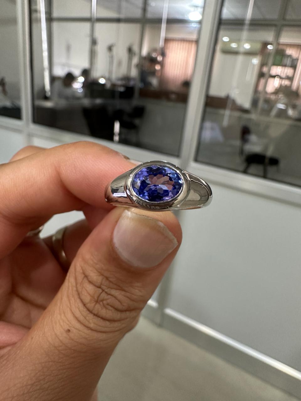 14K White Gold Tanzanite Dome Ring, Oval Blue Purple Gemstone, Modern Men's Band