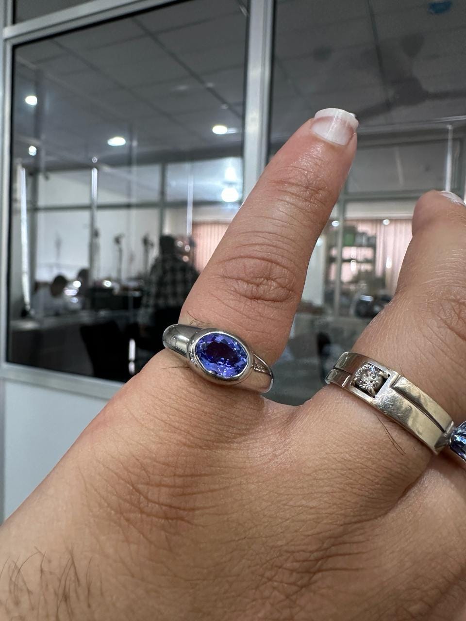 14K White Gold Tanzanite Dome Ring, Oval Blue Purple Gemstone, Modern Men's Band