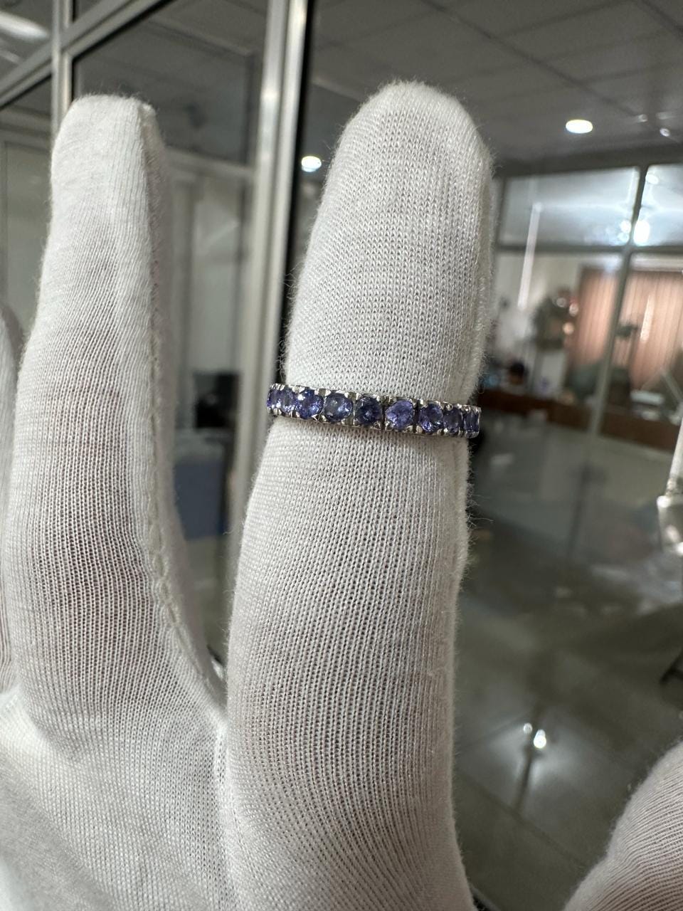 14k White Gold Tanzanite Eternity Band, Blue Purple Gemstone Wedding Ring
