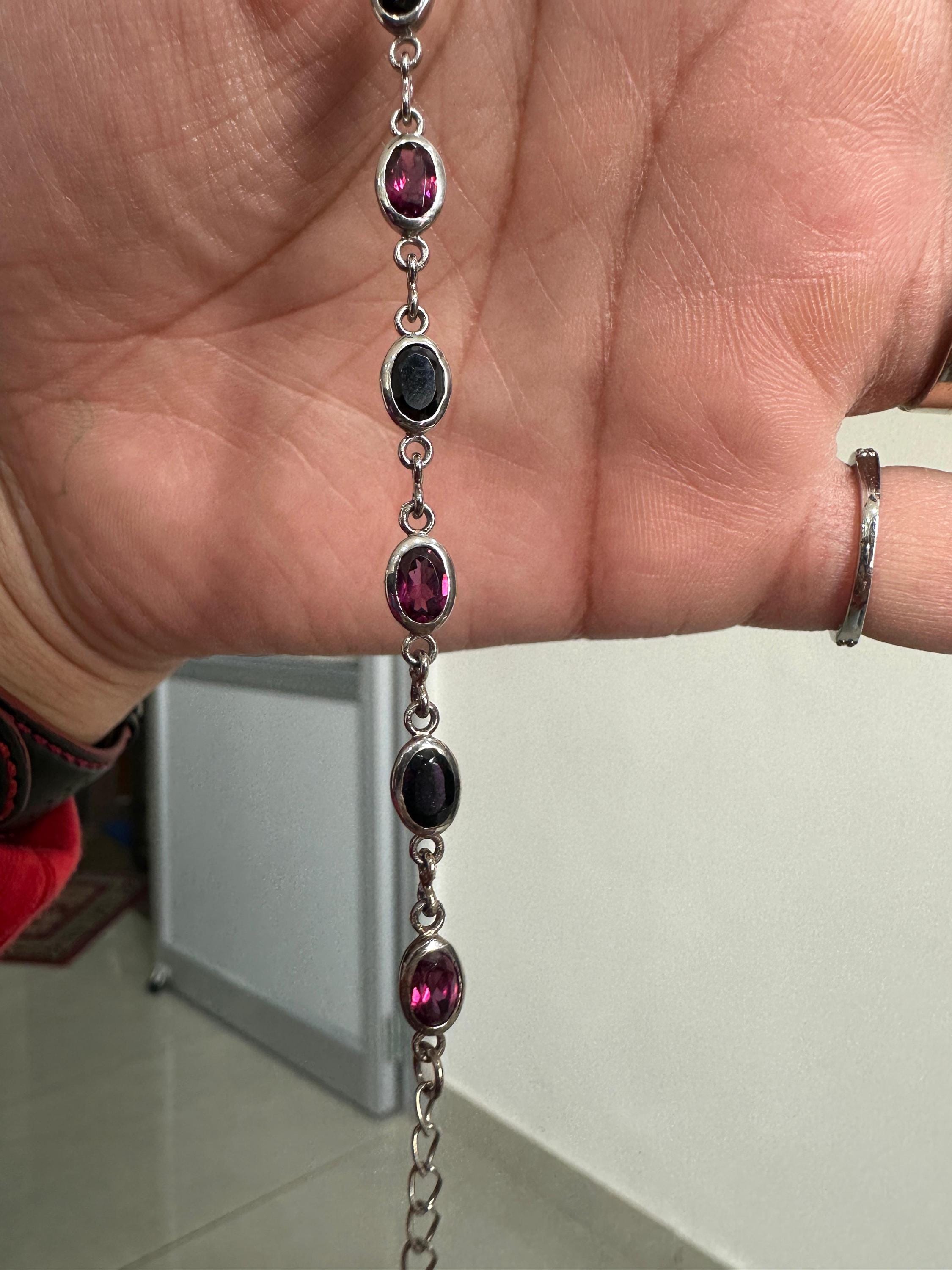Multi Stone Rhodolite & Black Spinel Bracelet | 925 Sterling Silver, Gift for him