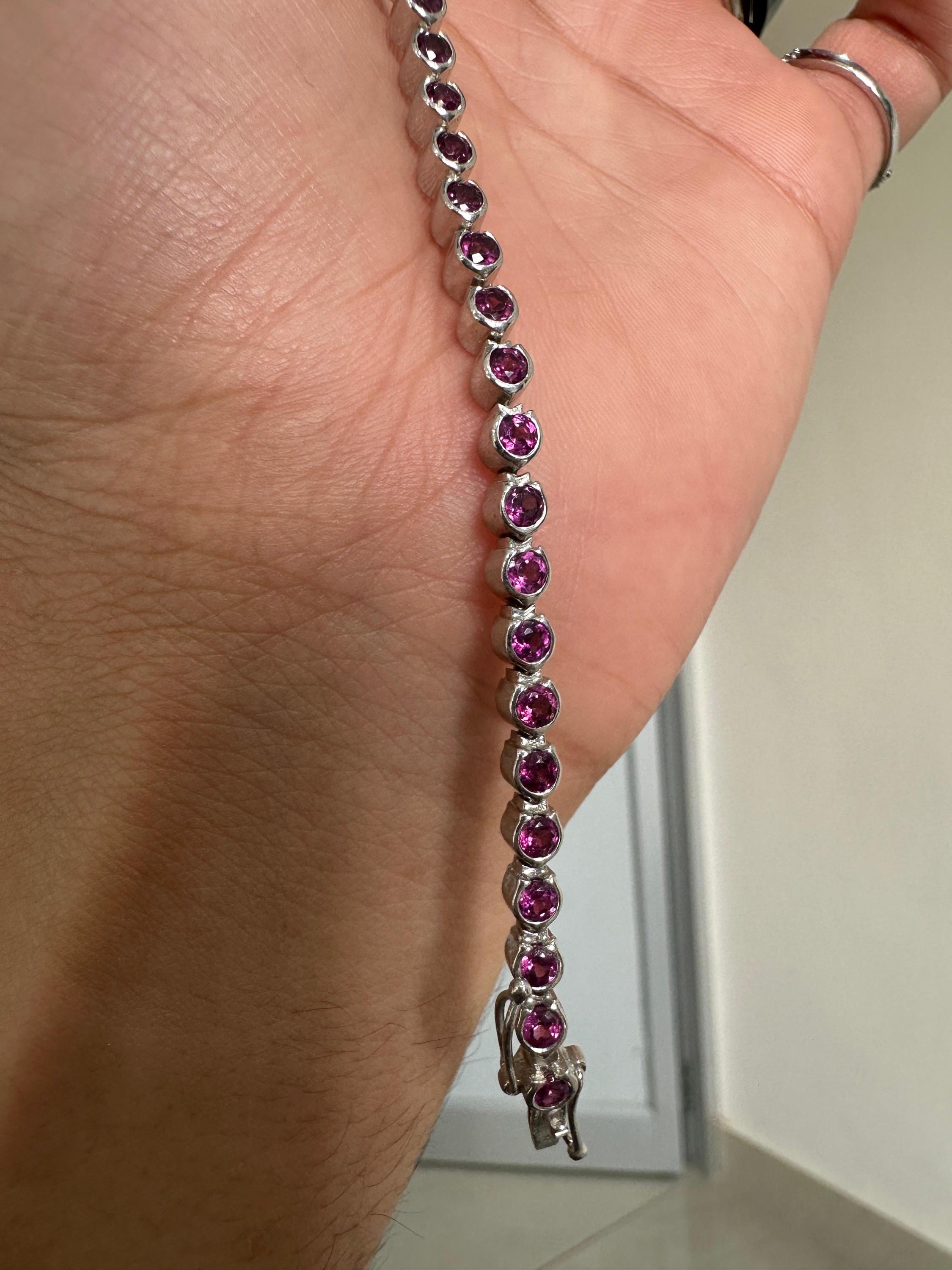 Pink Rhodolite Bezel Set Tennis Bracelet | 925 Sterling Silver | Fine Jewelry Gift