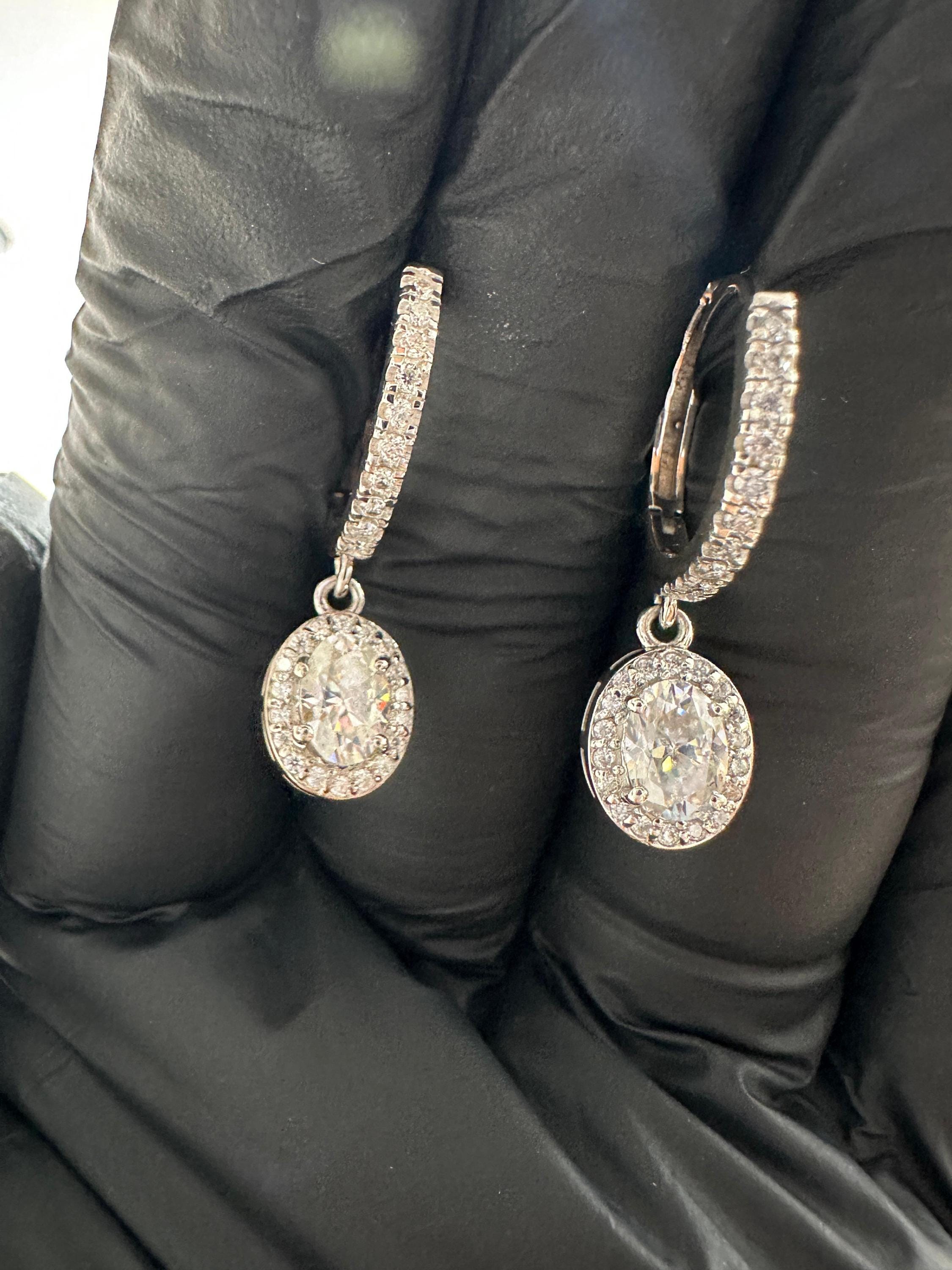 Oval Moissanite Halo Drop Hoop Earrings | 14k Gold Vermeil, Birthday Gift for her